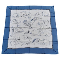 Hermès Silk Scarf Lévriers Greyhound Dogs Xavier de Poret White Blue 90 cm