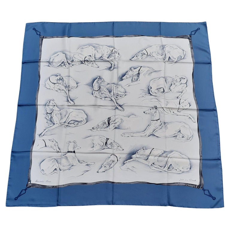 Hermès Silk Scarf Lévriers Greyhound Dogs Xavier de Poret White Blue 90 cm For Sale