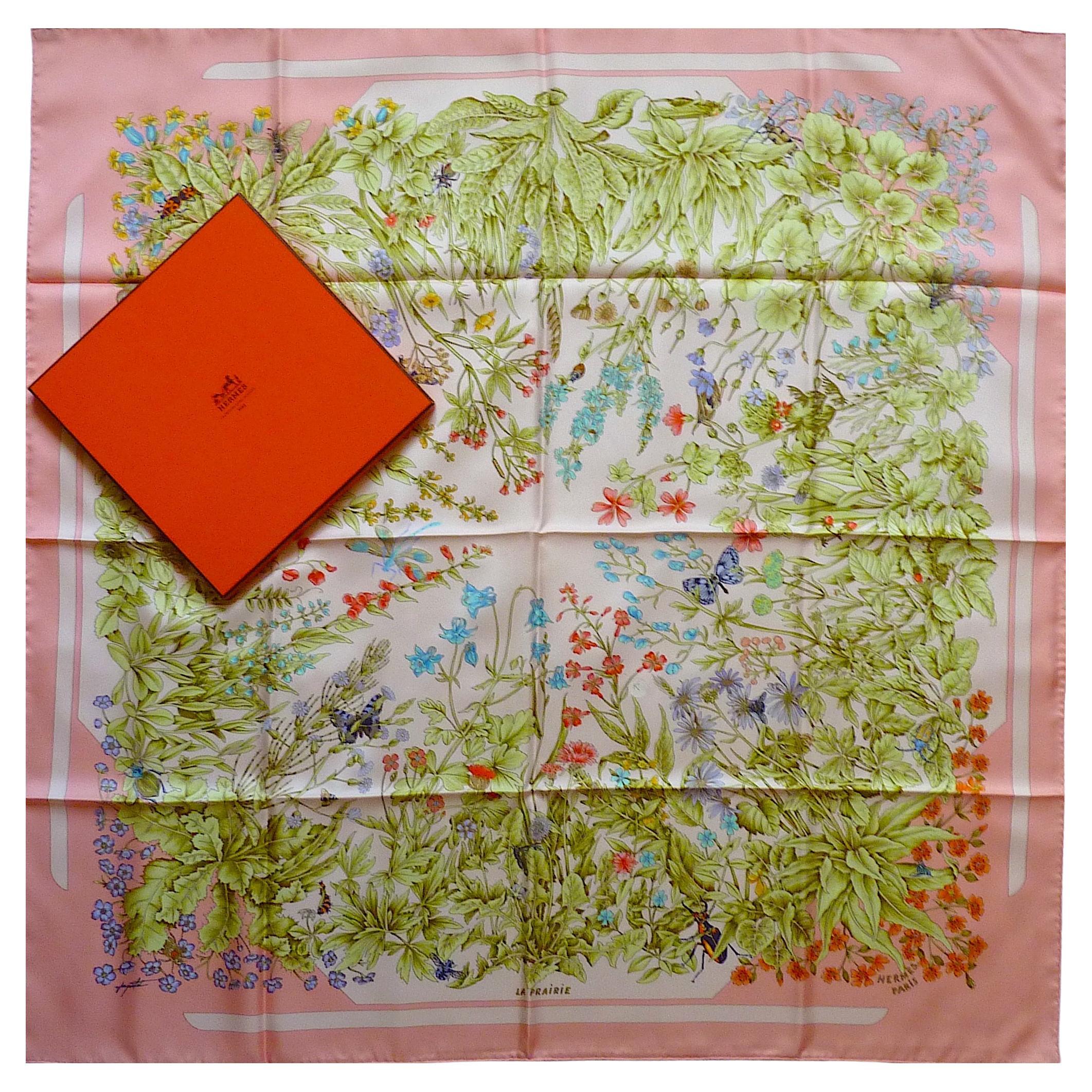 HERMES Silk Scarf MINT CONDITION "La Prairie" by Antoine de Jacquelot