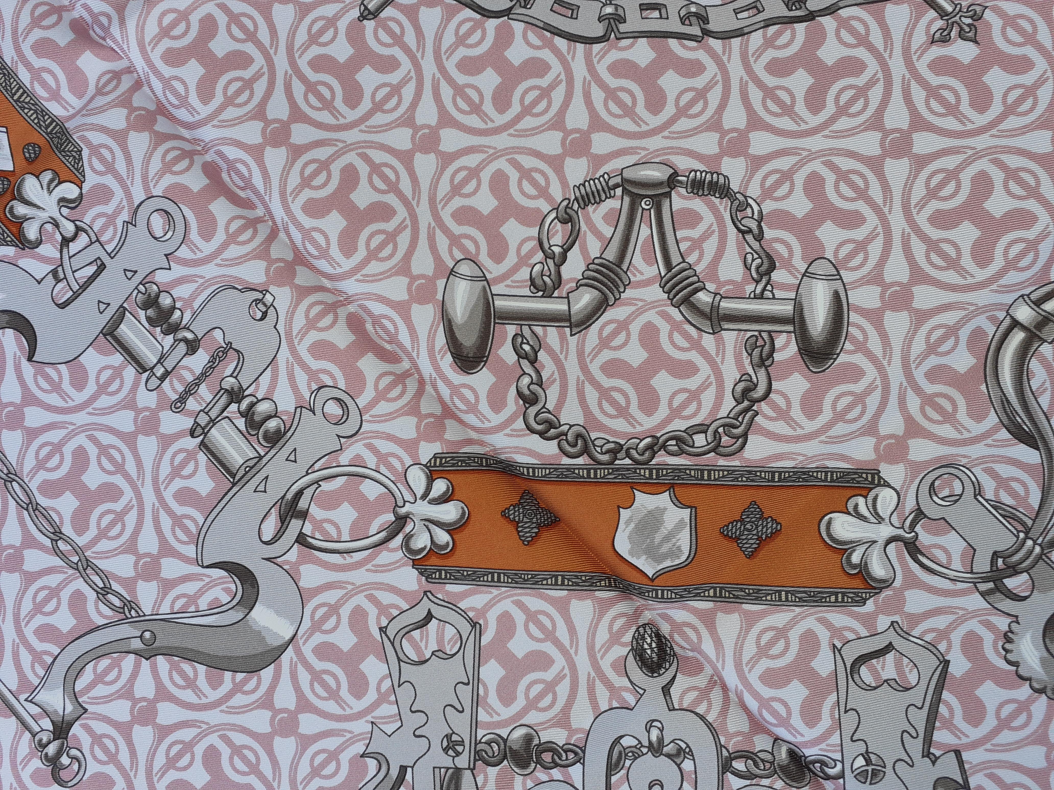 Hermès Silk Scarf Mors et Goumettes Remix H d'Origny White Pink Grey 35 inches 6