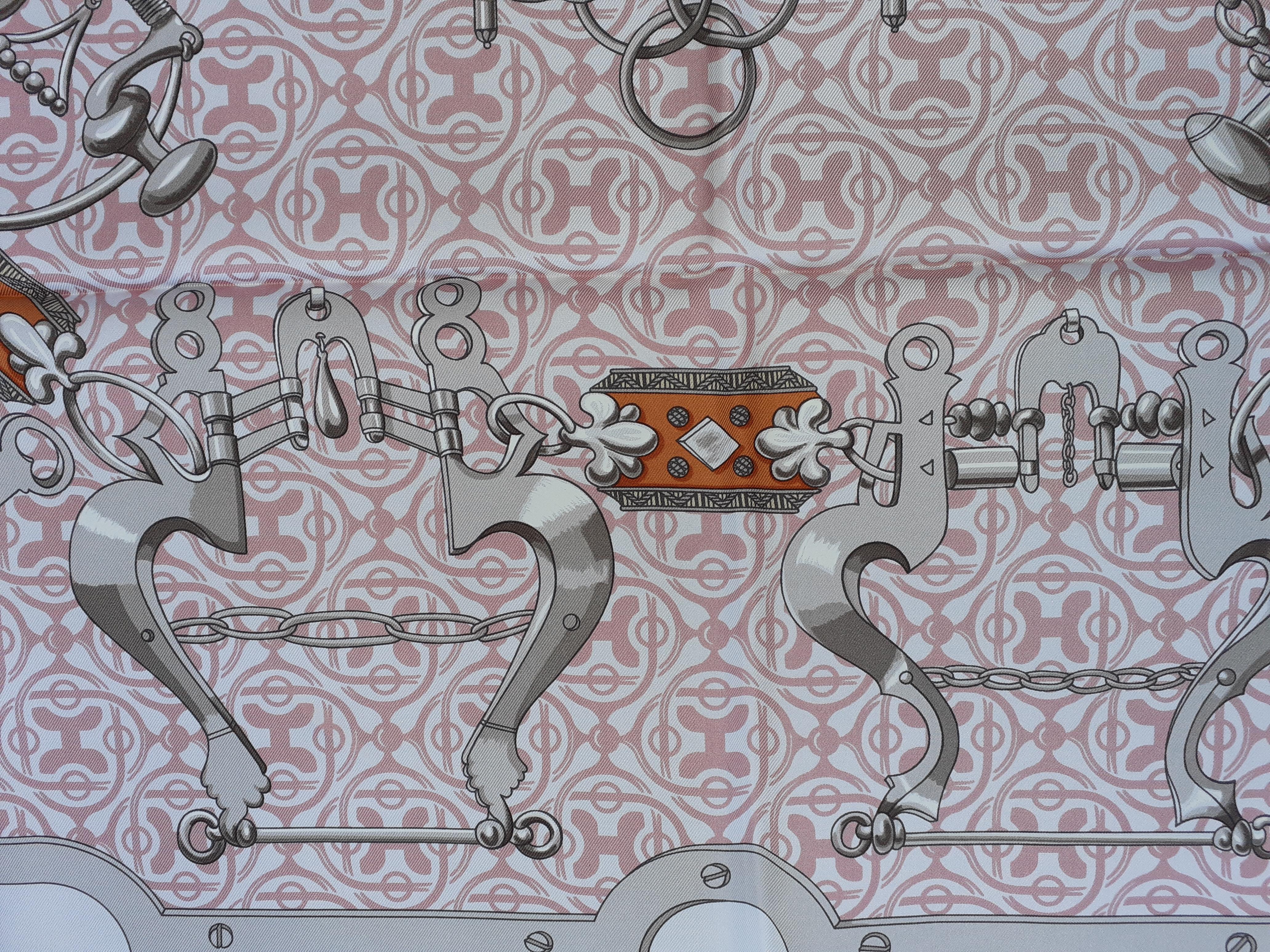 Hermès Silk Scarf Mors et Goumettes Remix H d'Origny White Pink Grey 35 inches 7