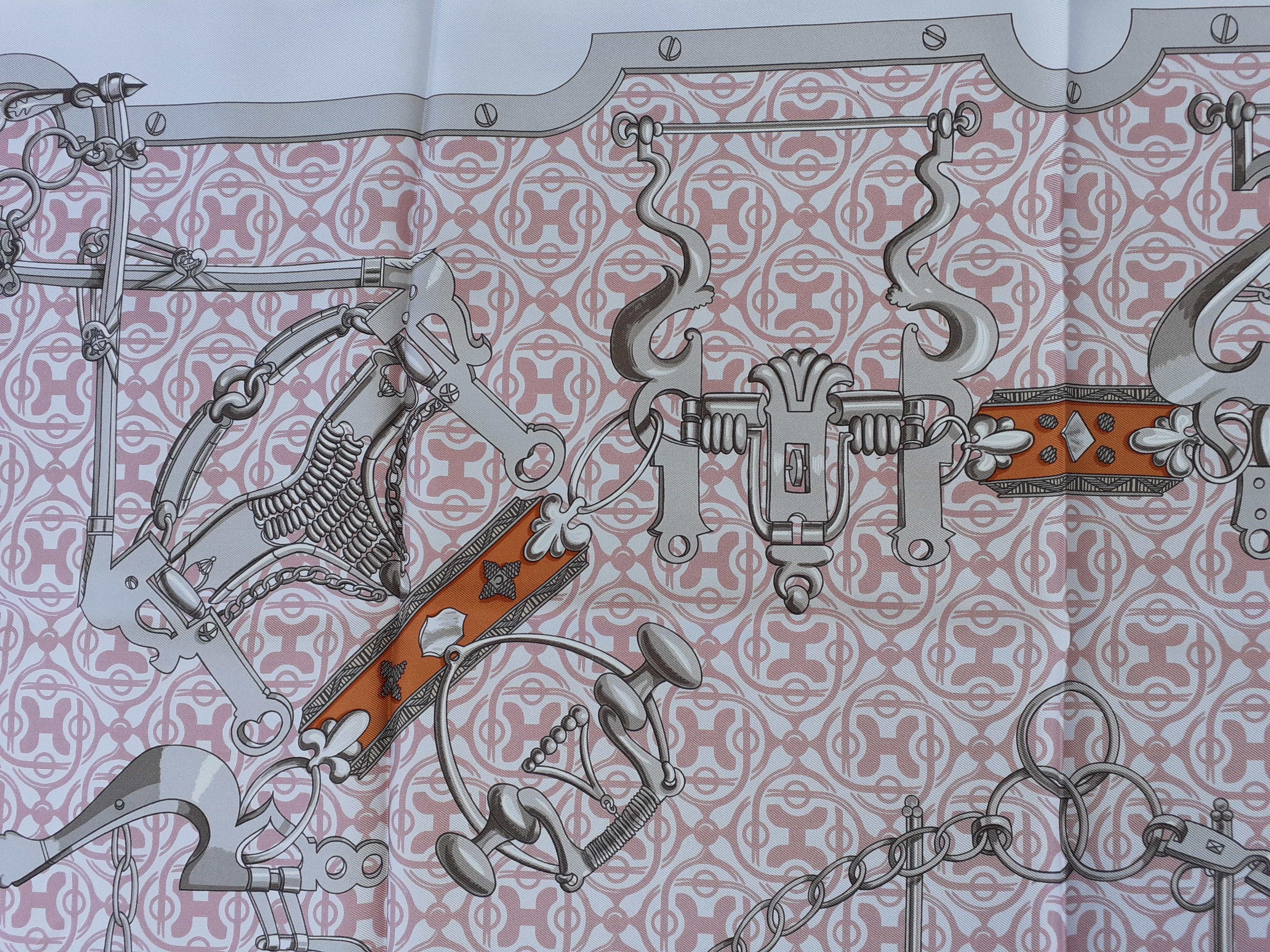 Hermès Silk Scarf Mors et Goumettes Remix H d'Origny White Pink Grey 35 inches 8