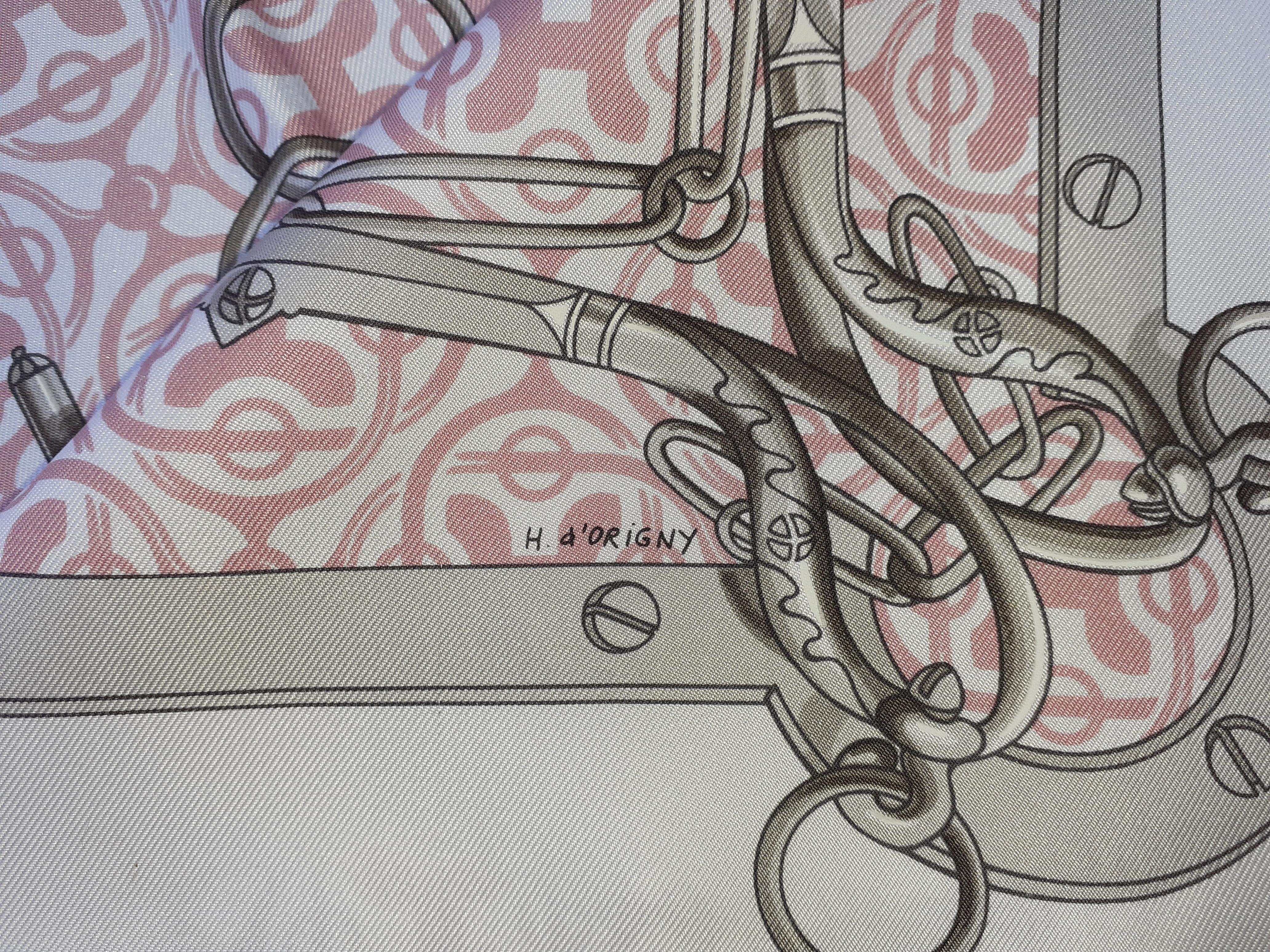 Hermès Silk Scarf Mors et Goumettes Remix H d'Origny White Pink Grey 35 inches 11