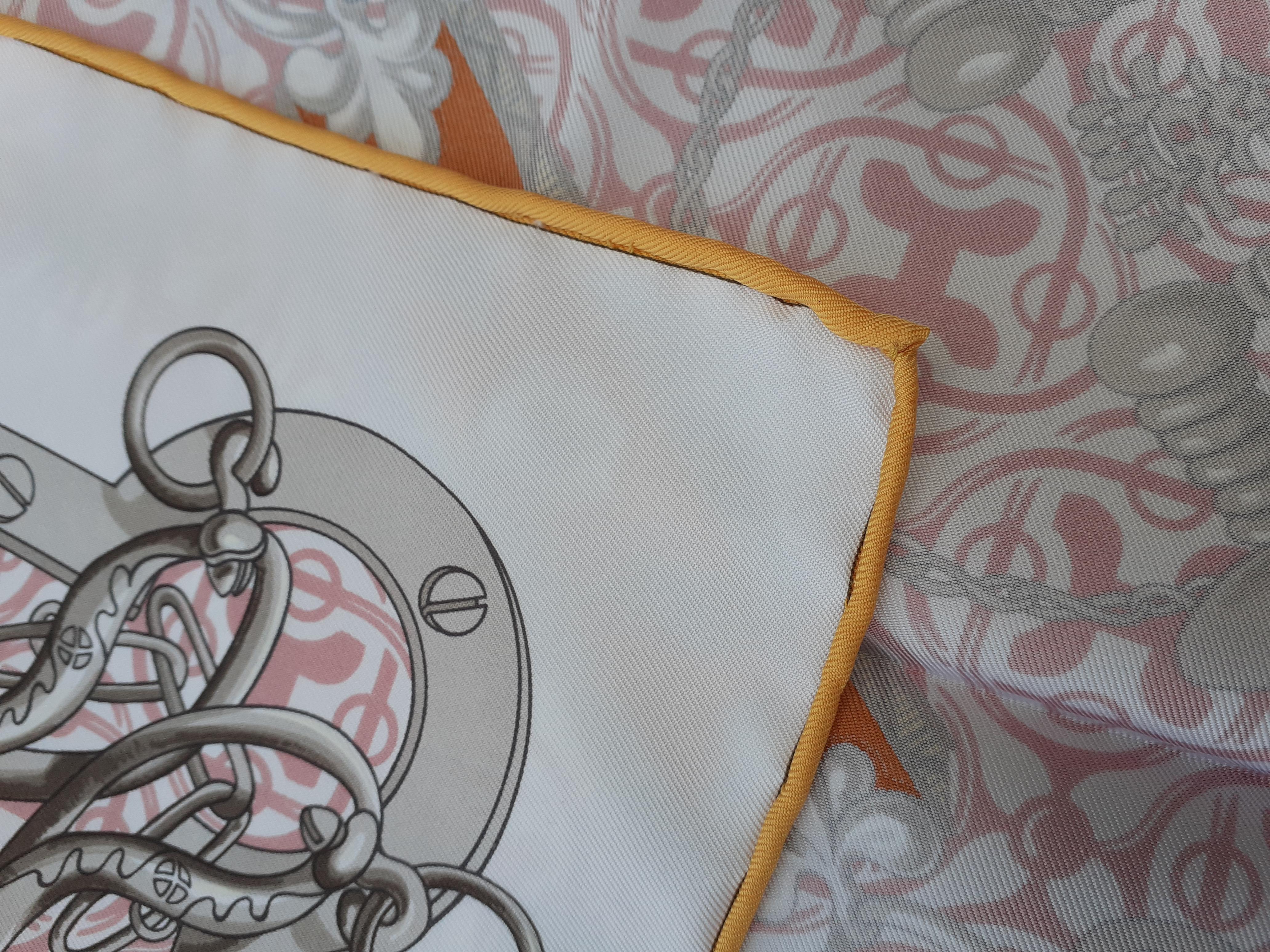 Hermès Silk Scarf Mors et Goumettes Remix H d'Origny White Pink Grey 35 inches 12
