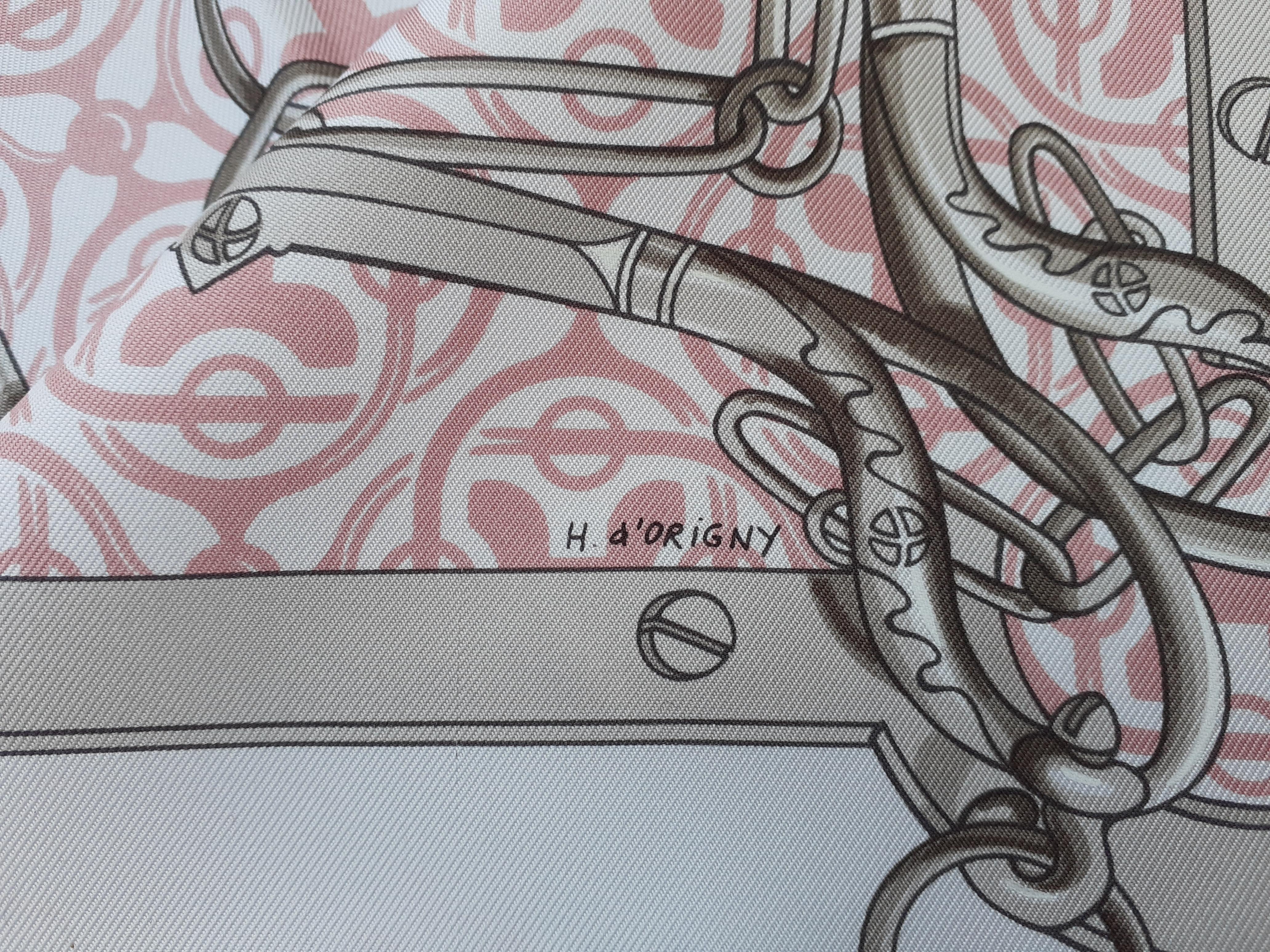 Hermès Silk Scarf Mors et Goumettes Remix H d'Origny White Pink Grey 35 inches 13