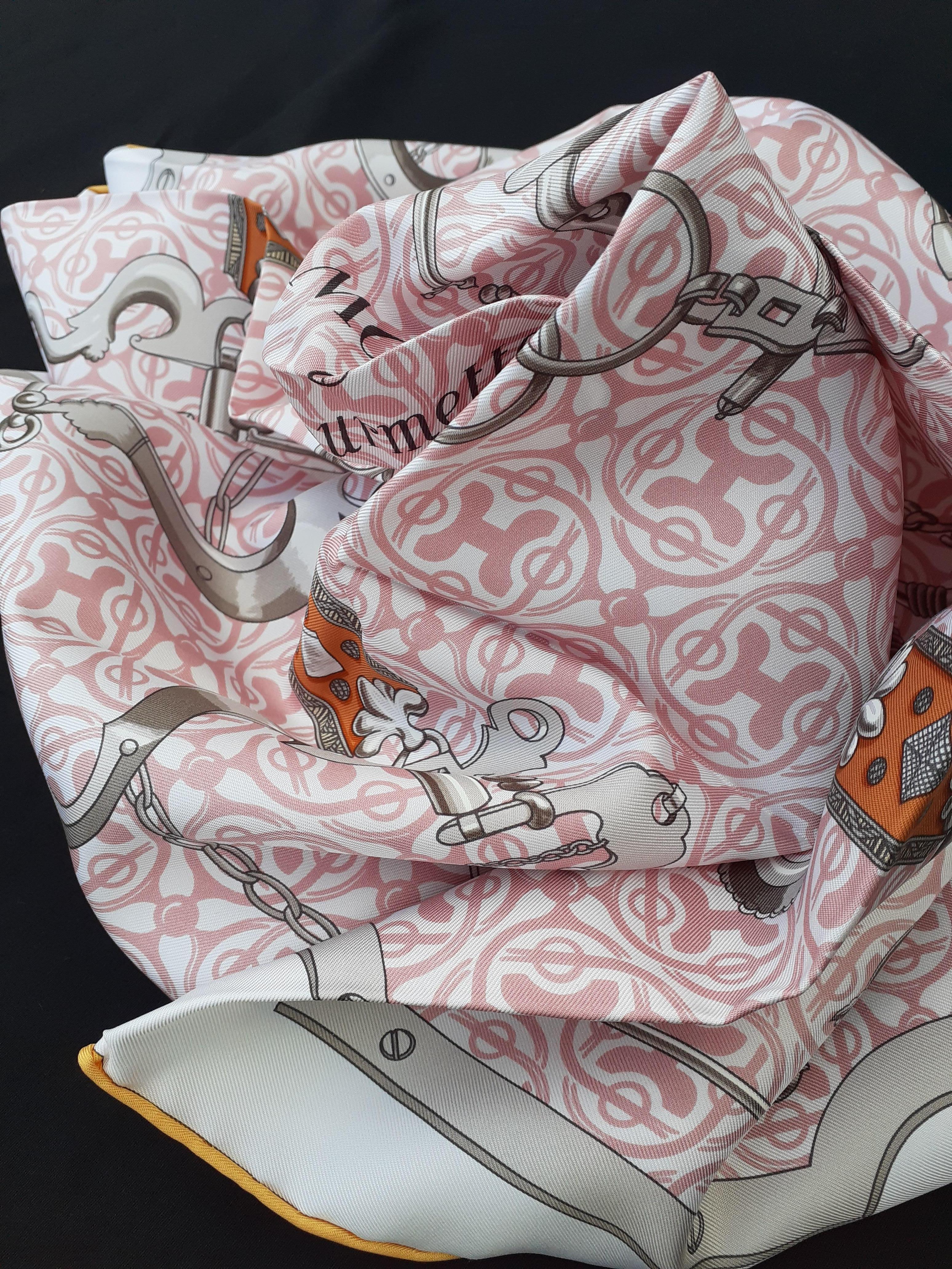 Hermès Silk Scarf Mors et Goumettes Remix H d'Origny White Pink Grey 35 inches 14