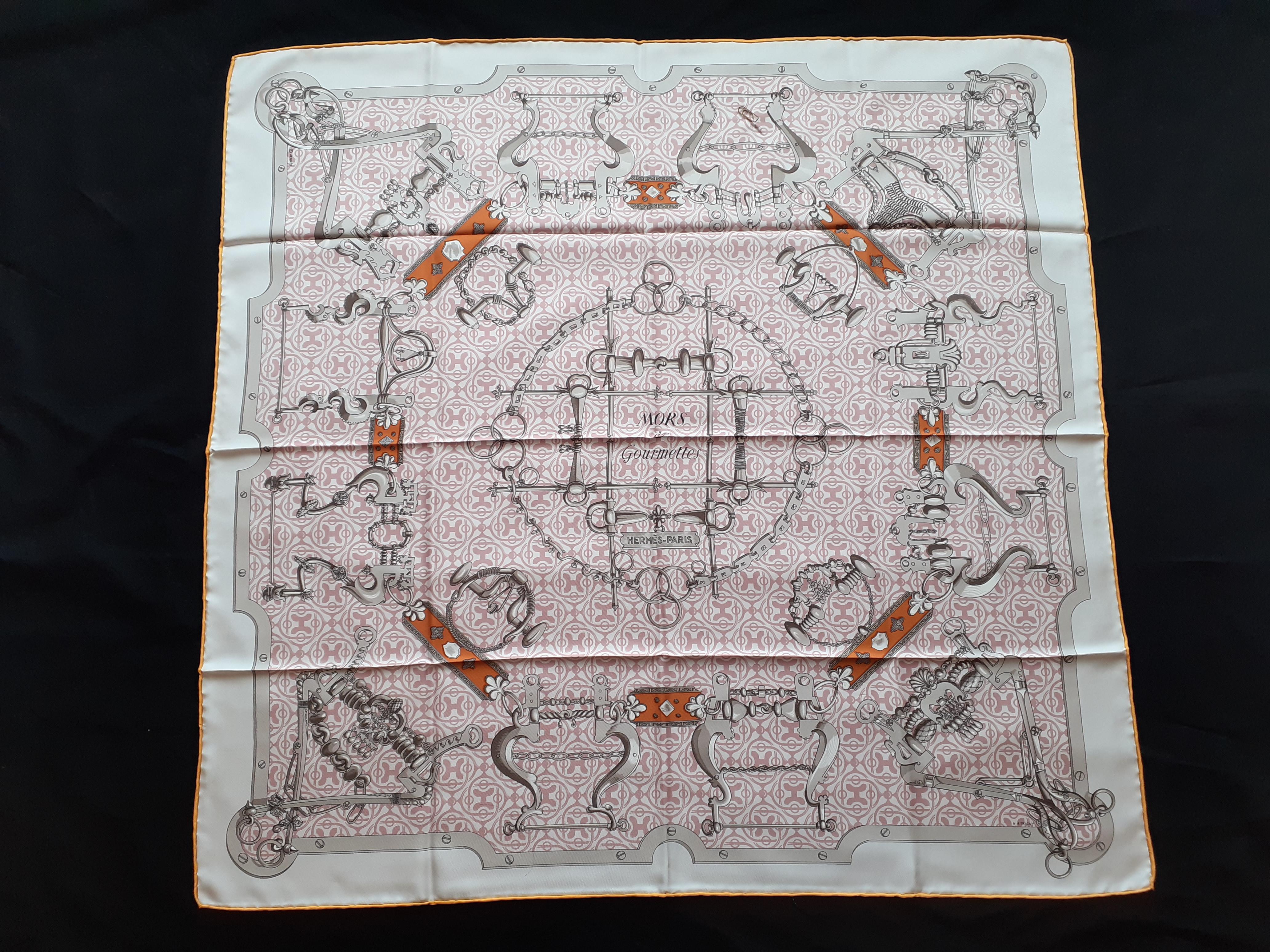 Hermès Silk Scarf Mors et Goumettes Remix H d'Origny White Pink Grey 35 inches 15