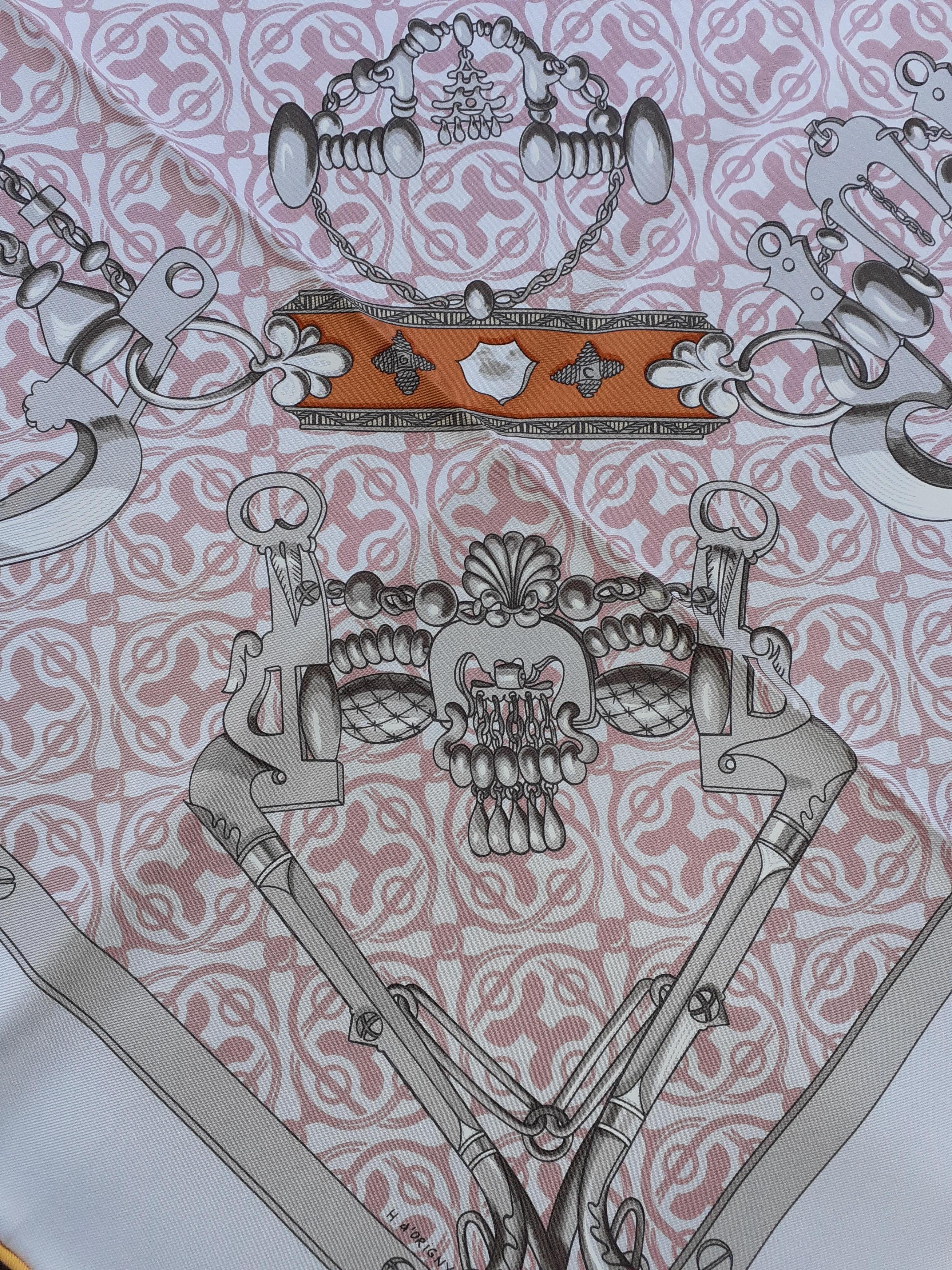 Hermès Silk Scarf Mors et Goumettes Remix H d'Origny White Pink Grey 35 inches 3