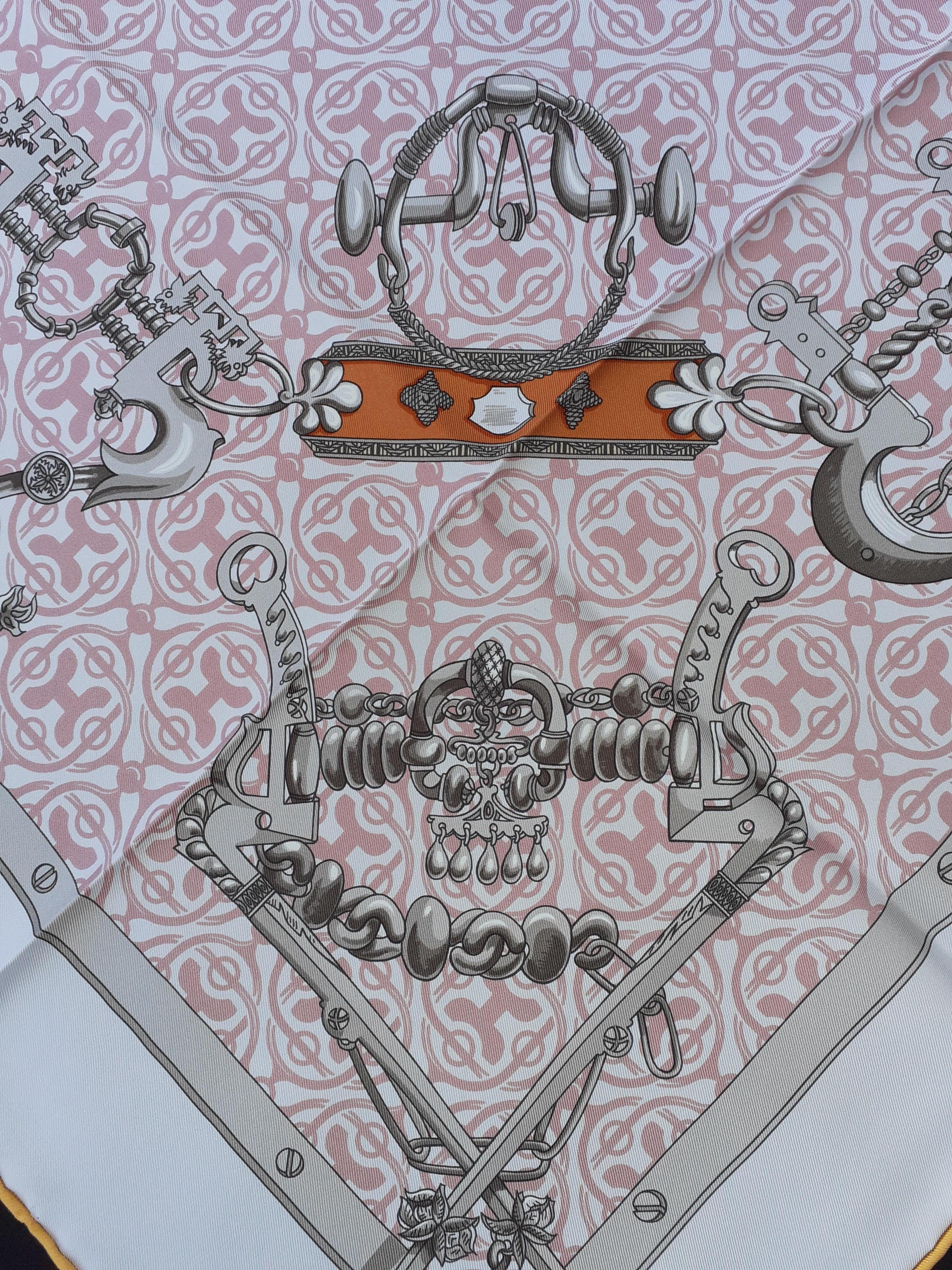 Hermès Silk Scarf Mors et Goumettes Remix H d'Origny White Pink Grey 35 inches 4
