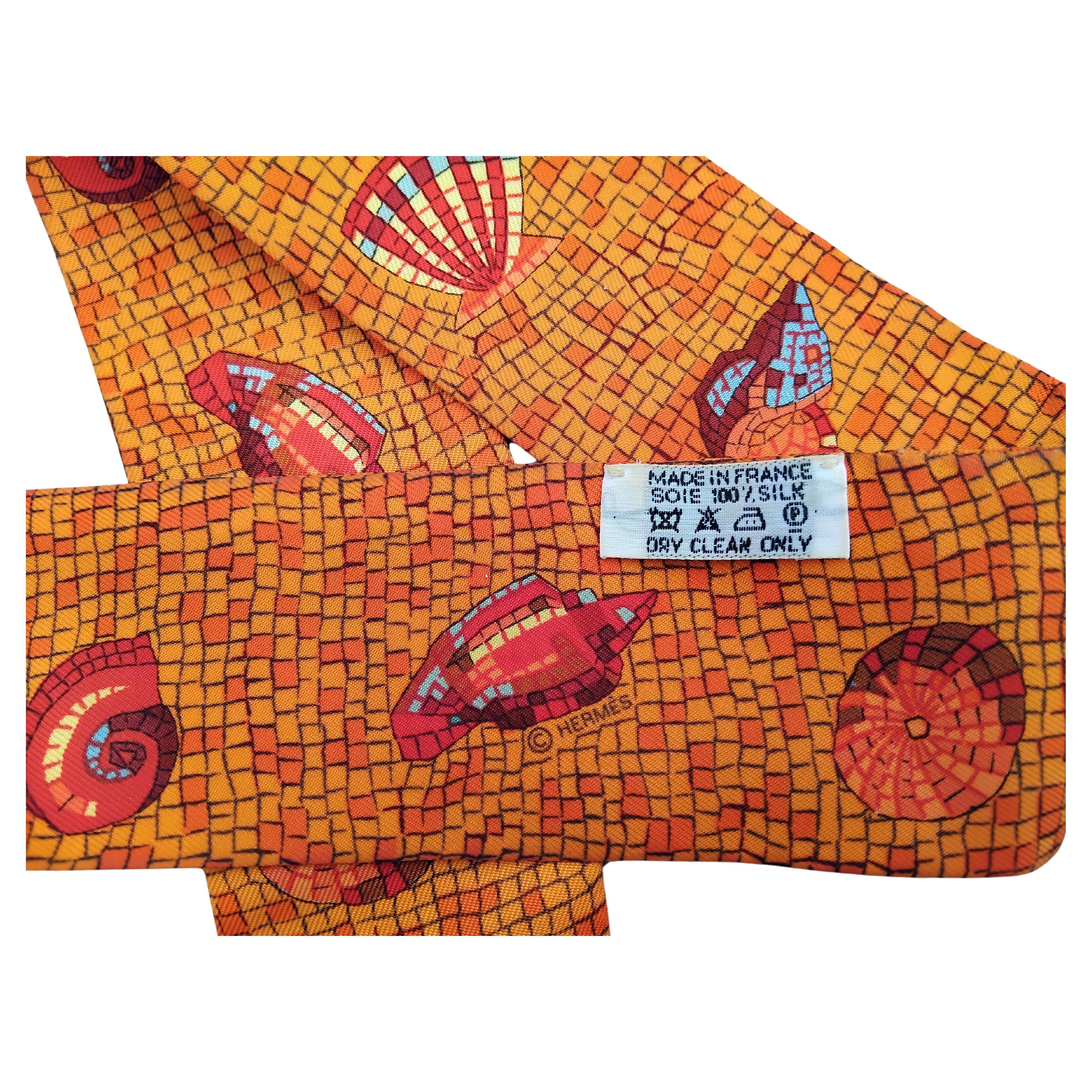 Hermès Silk Scarf Mosaic Seashells Twilly Orange Rare For Sale 2