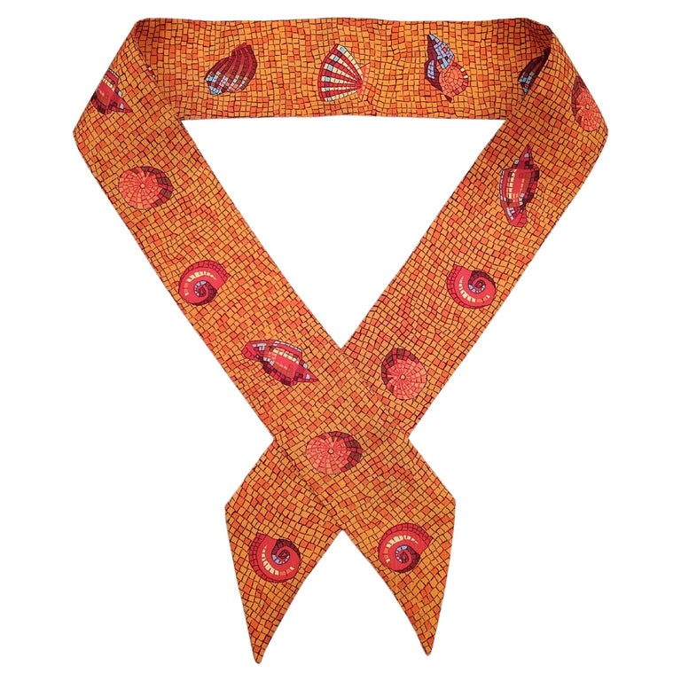 Hermès Silk Scarf Mosaic Seashells Twilly Orange Rare For Sale at