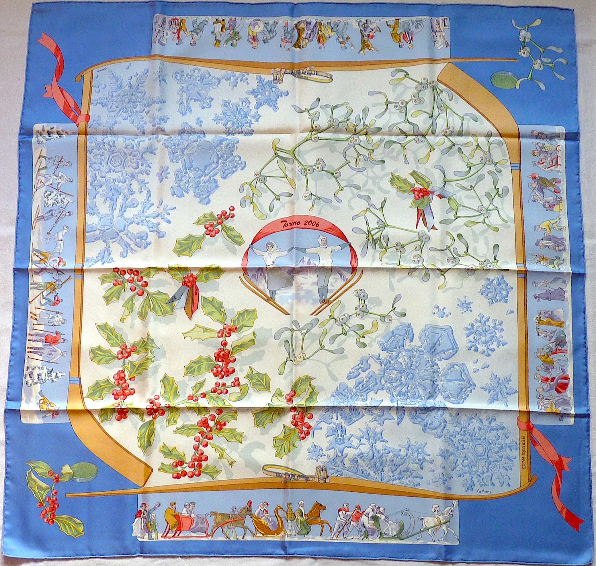This is a very rare Hermes Scarf Special Edition for Winter Olympic Games in Torino in 2006, Perfect Condition, Unworn ! A delightful sky blue margin, and ice blue pattern, cream white background

The pattern is Neige D'Antan by Caty Latham, but the