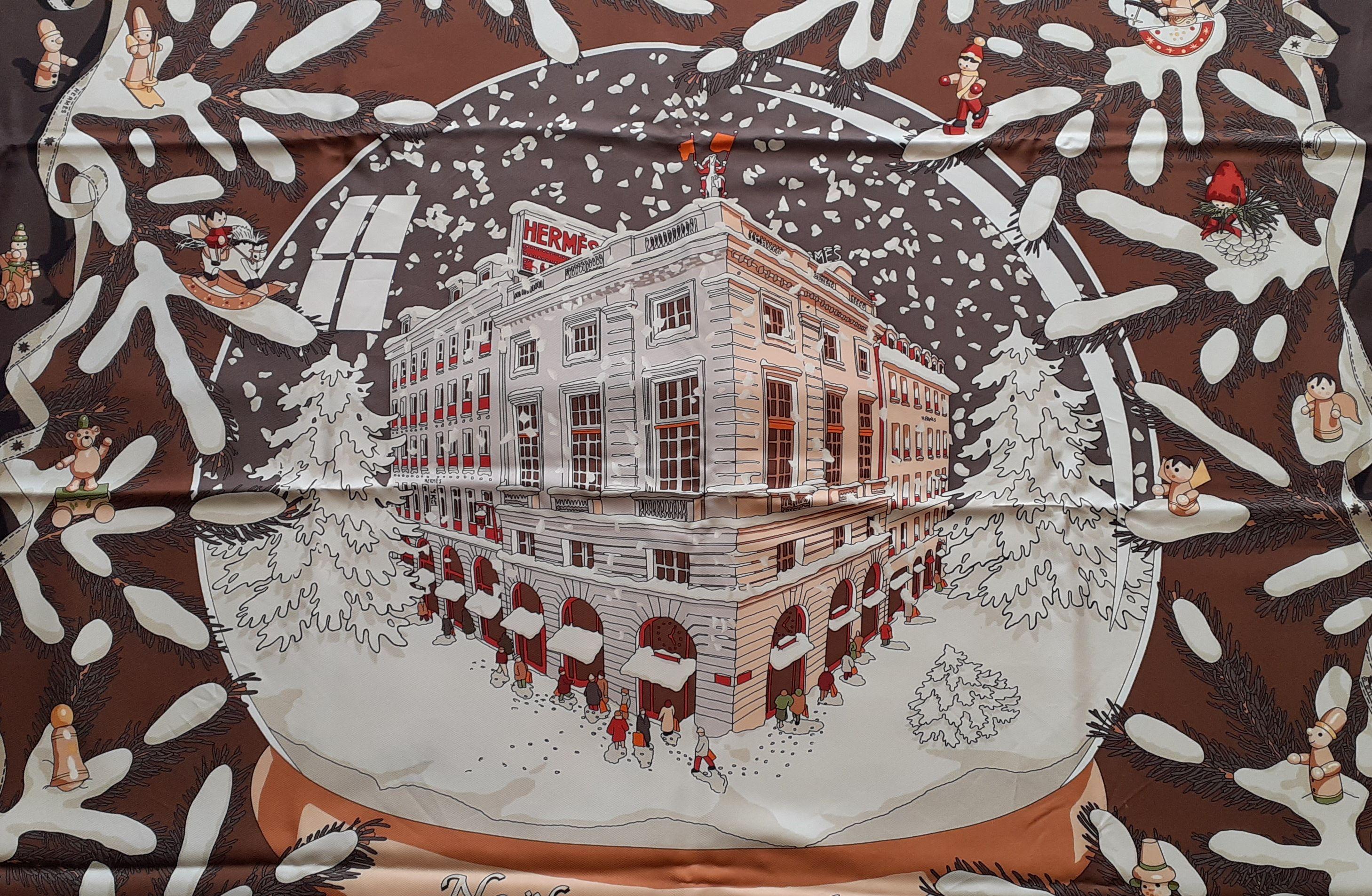 Black Hermès Silk Scarf Noel au 24 Faubourg Christmas Brown 90 cm