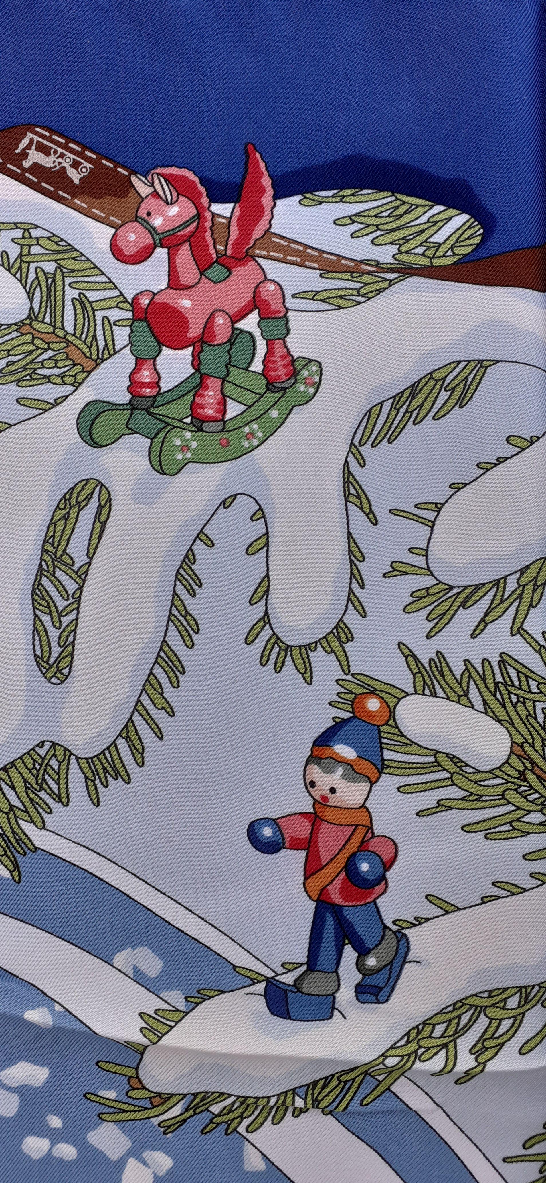 Hermès Silk Scarf Noel au 24 Faubourg Christmas Snow Ball Blue 35' 8