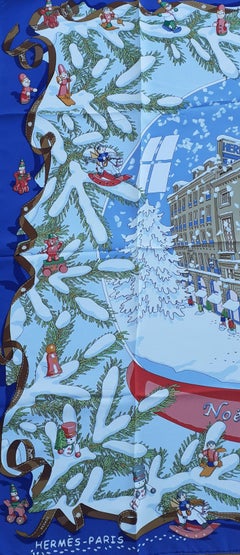 Hermès Silk Scarf Noel au 24 Faubourg Christmas Snow Ball Blue 35'