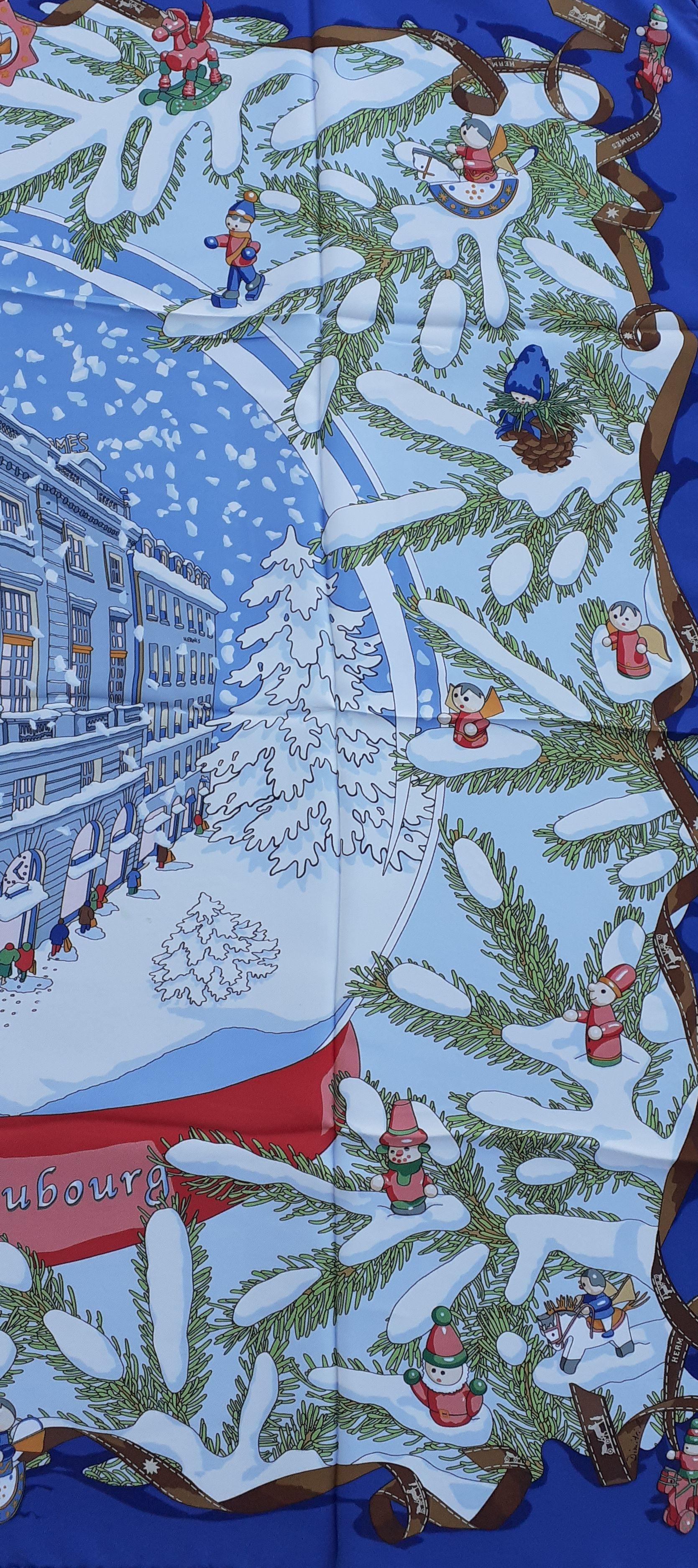 Hermès Silk Scarf Noel au 24 Faubourg Christmas Snow Ball Blue 35' 1