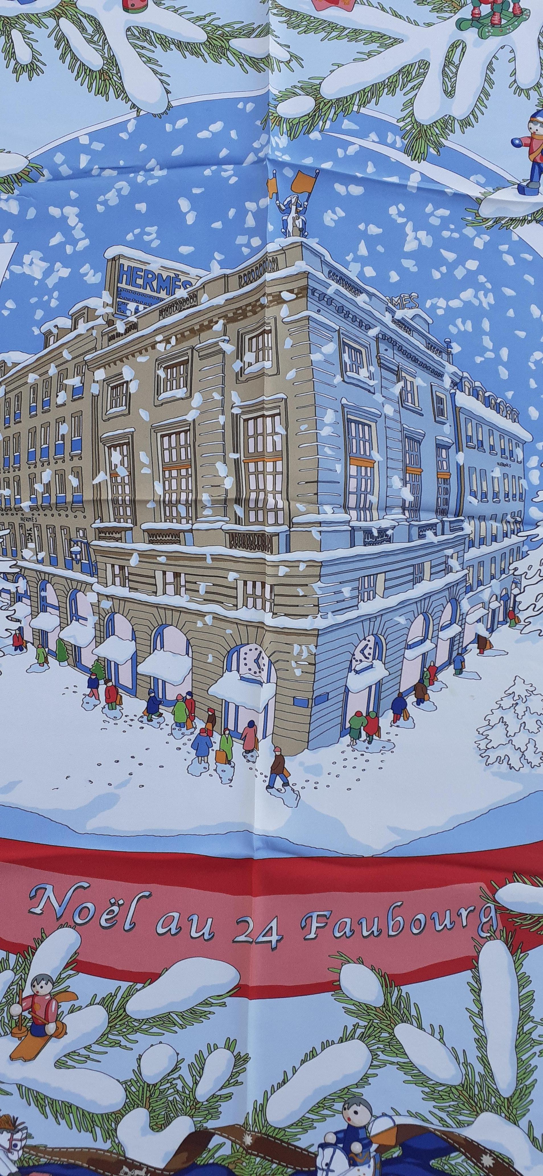 Hermès Silk Scarf Noel au 24 Faubourg Christmas Snow Ball Blue 35' 2