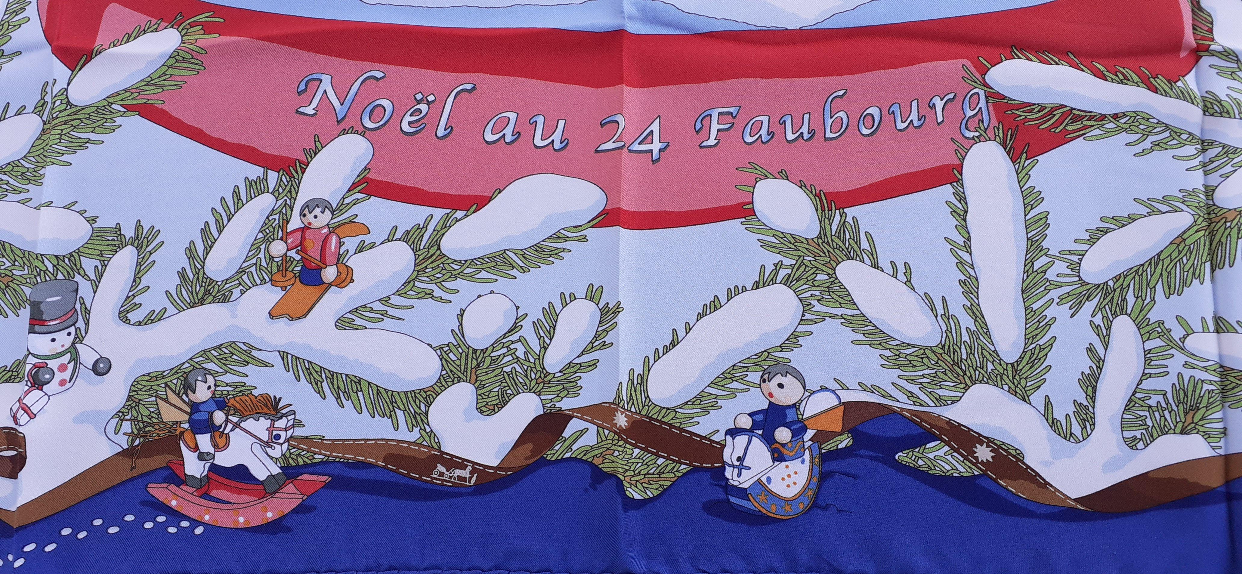 Hermès Silk Scarf Noel au 24 Faubourg Christmas Snow Ball Blue 35' 3