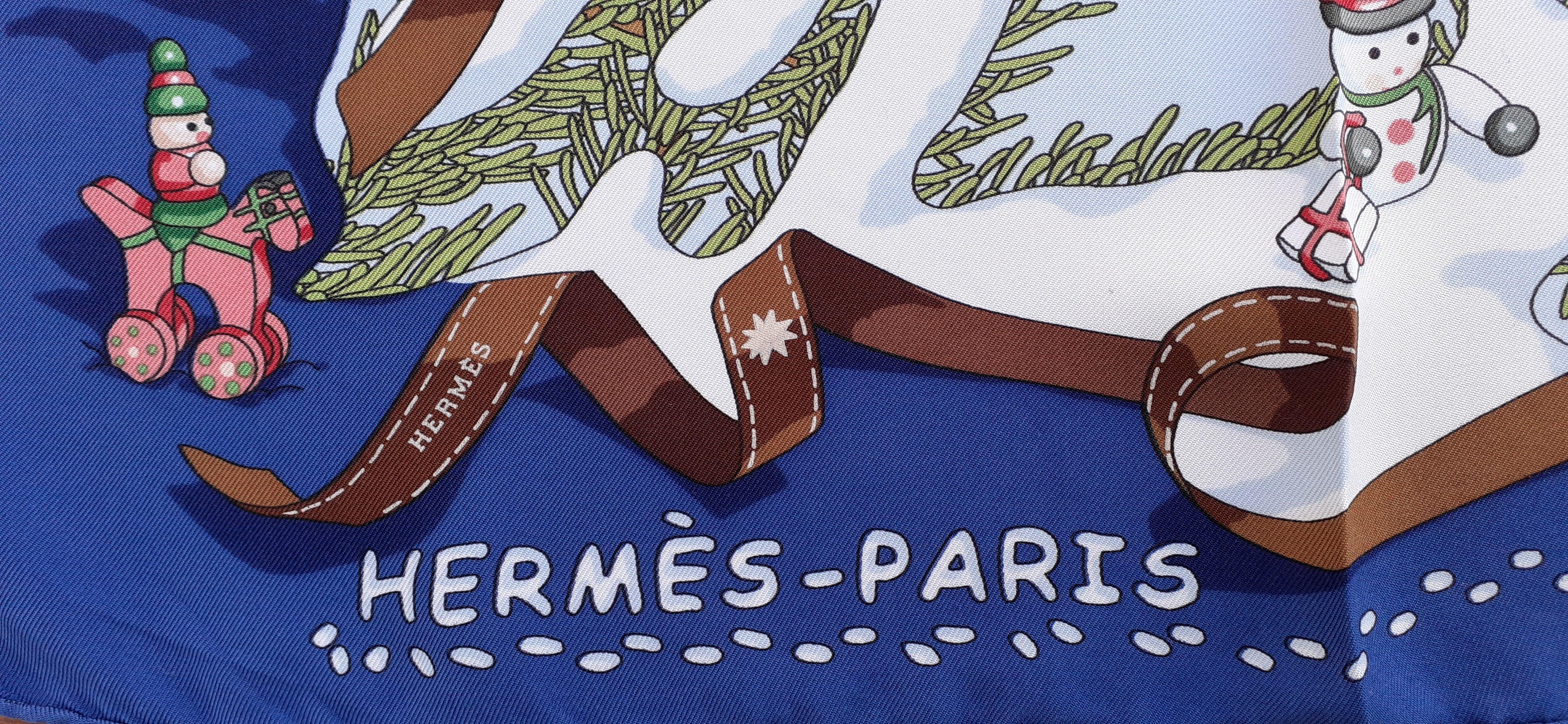 Hermès Silk Scarf Noel au 24 Faubourg Christmas Snow Ball Blue 35' 4