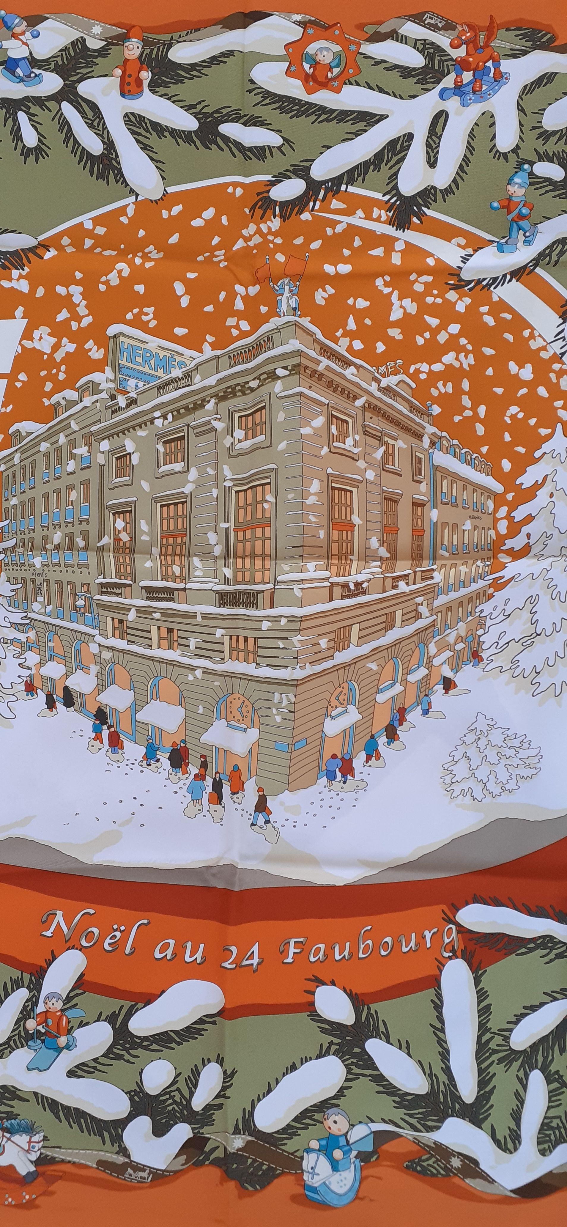 Hermès Seidenschal Noel au 24 Faubourg Weihnachten Schnee Ball Orange 35 Zoll Damen im Angebot