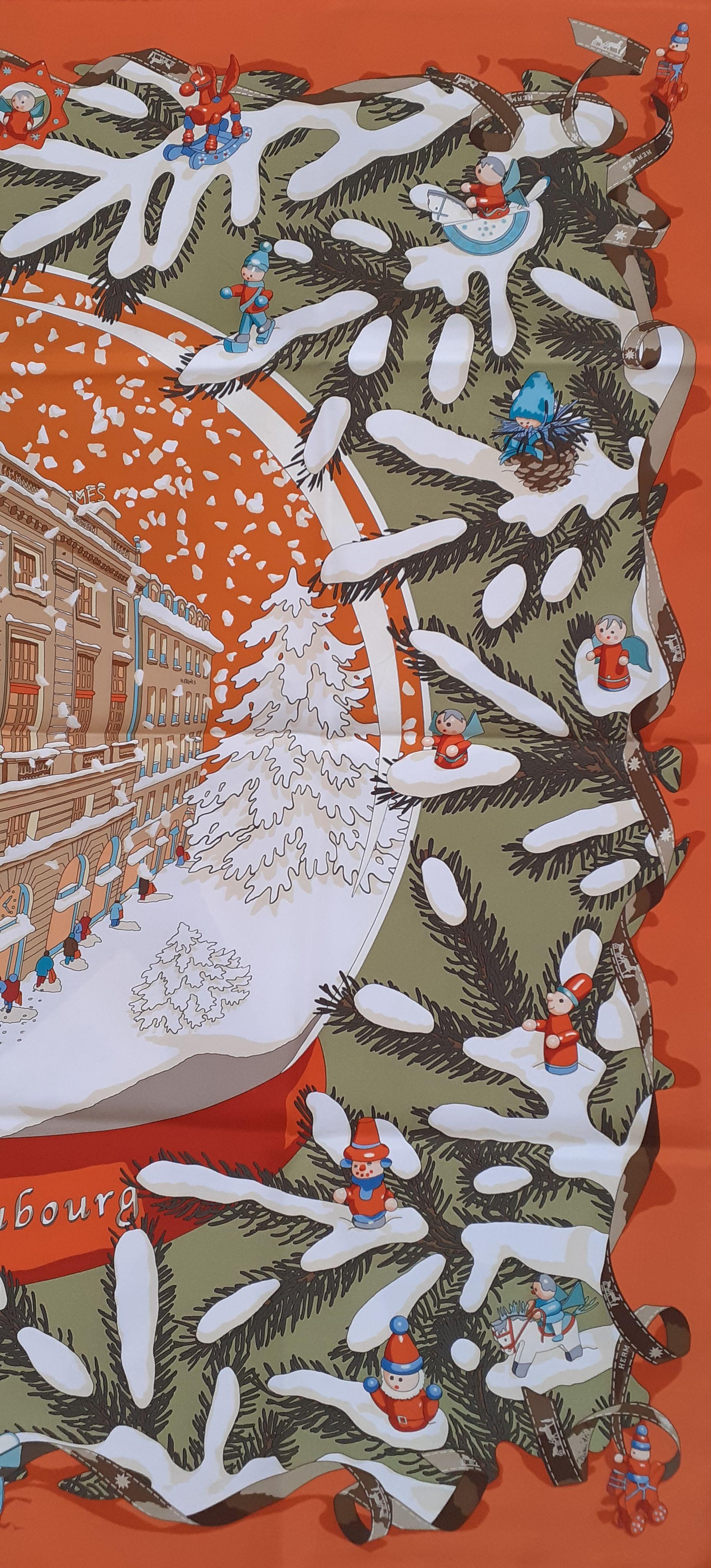 Hermès Seidenschal Noel au 24 Faubourg Weihnachten Schnee Ball Orange 35 Zoll im Angebot 1