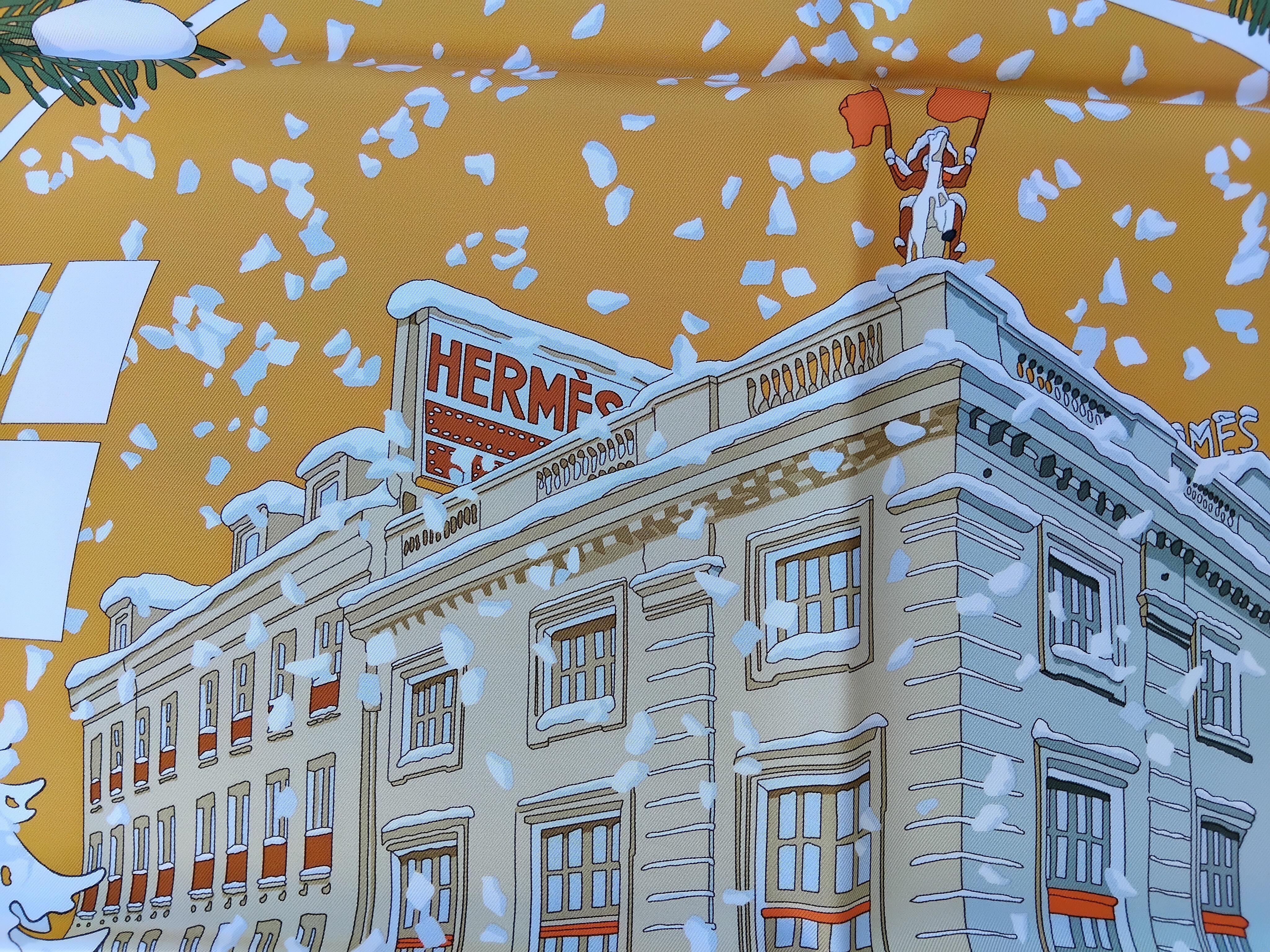 Pañuelo de seda Hermès Noel au 24 Faubourg Bola de nieve de Navidad Naranja en venta 12