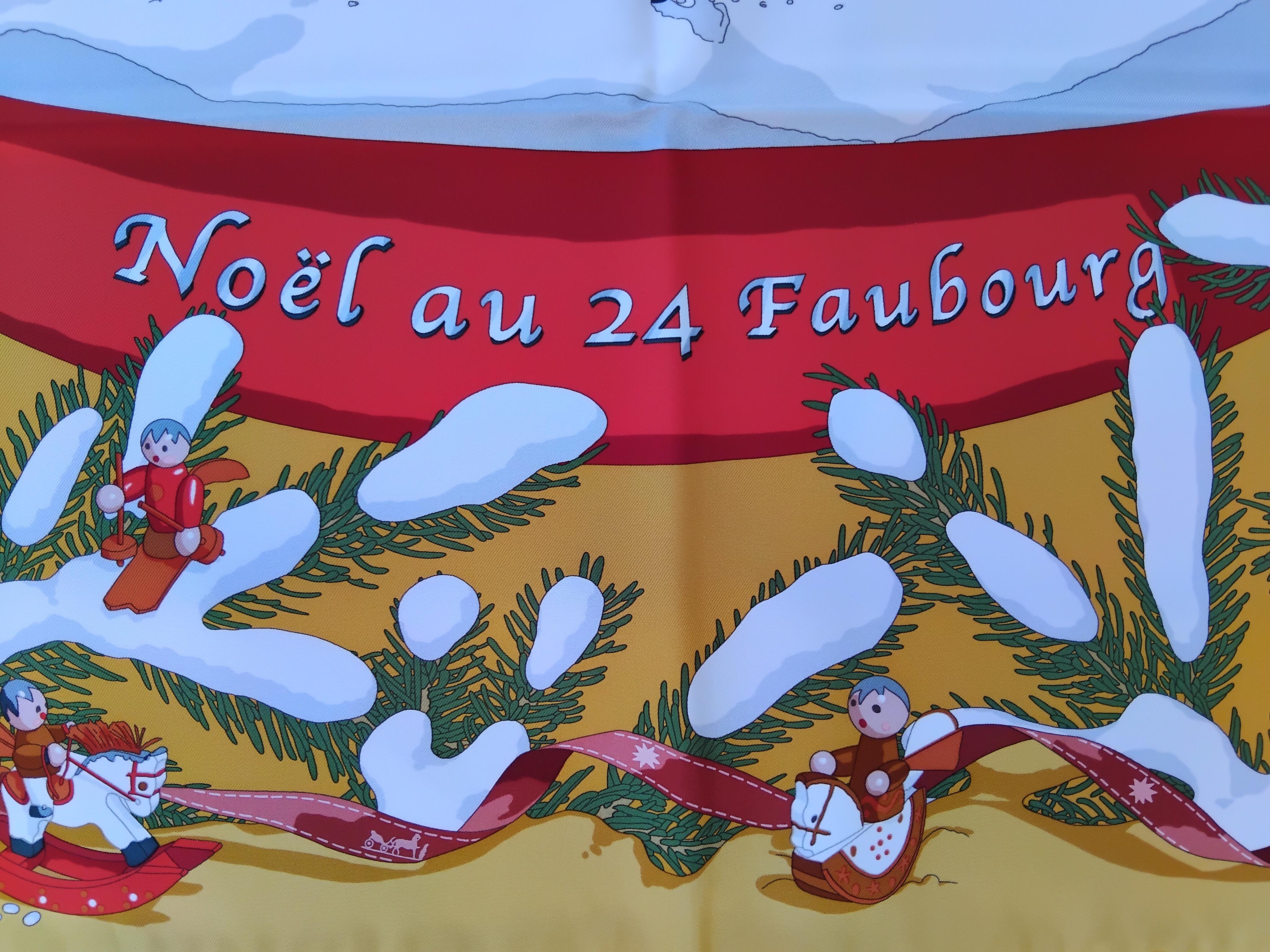 Pañuelo de seda Hermès Noel au 24 Faubourg Bola de nieve de Navidad Naranja en Nuevo estado para la venta en Corcoué Sur Logne, Loire-Atlantique
