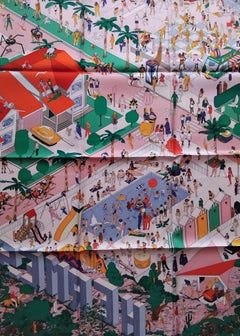 Hermès Silk Scarf On The Beach Ugo Bienvenu Pink Green 35'