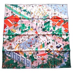 Hermès Silk Scarf On The Beach Ugo Bienvenu Pink Green 35'