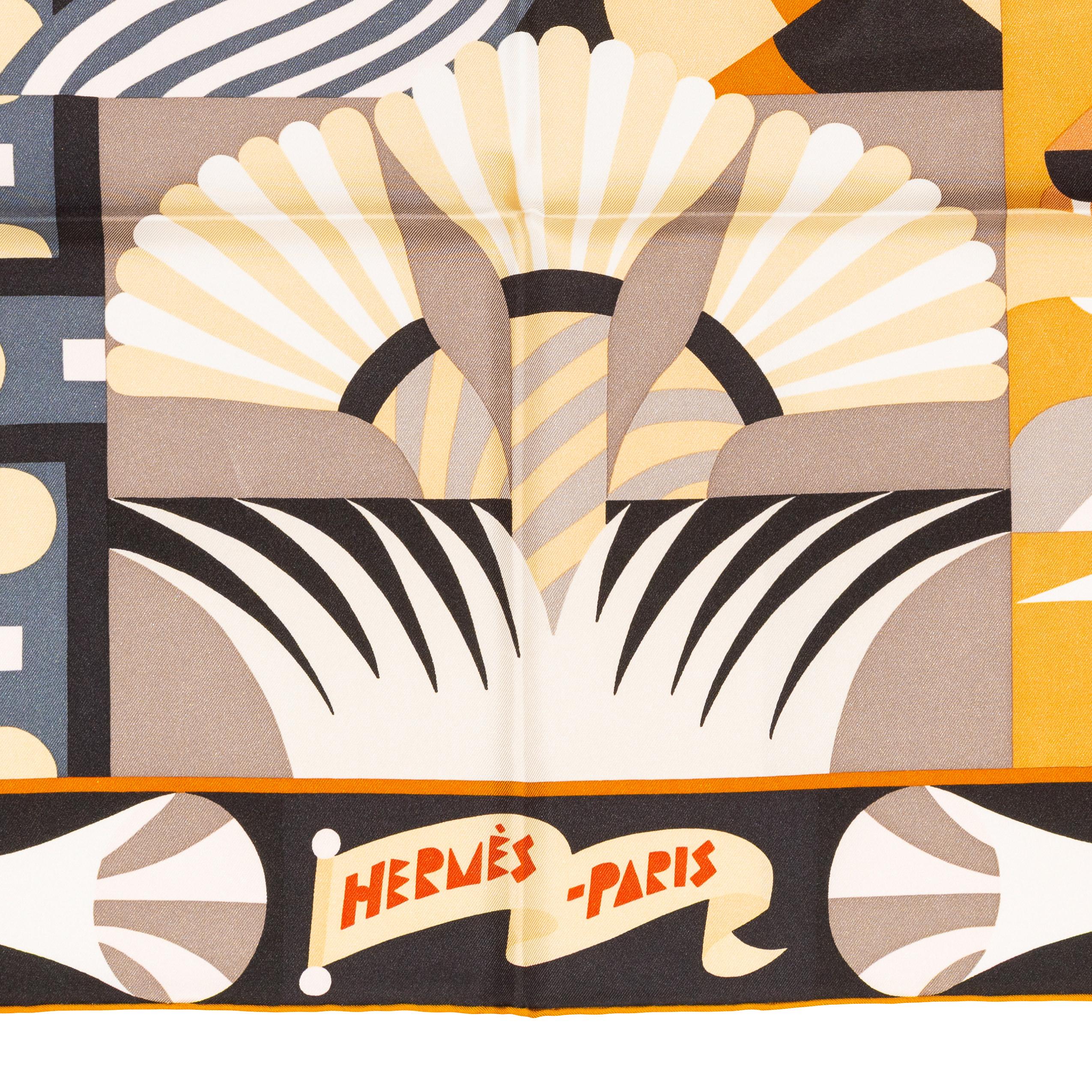 Pañuelo de Seda Hermes - Parade En Fanfare - Noir Caramel Gris - Nueva Etiqueta de Cuidado en venta 5