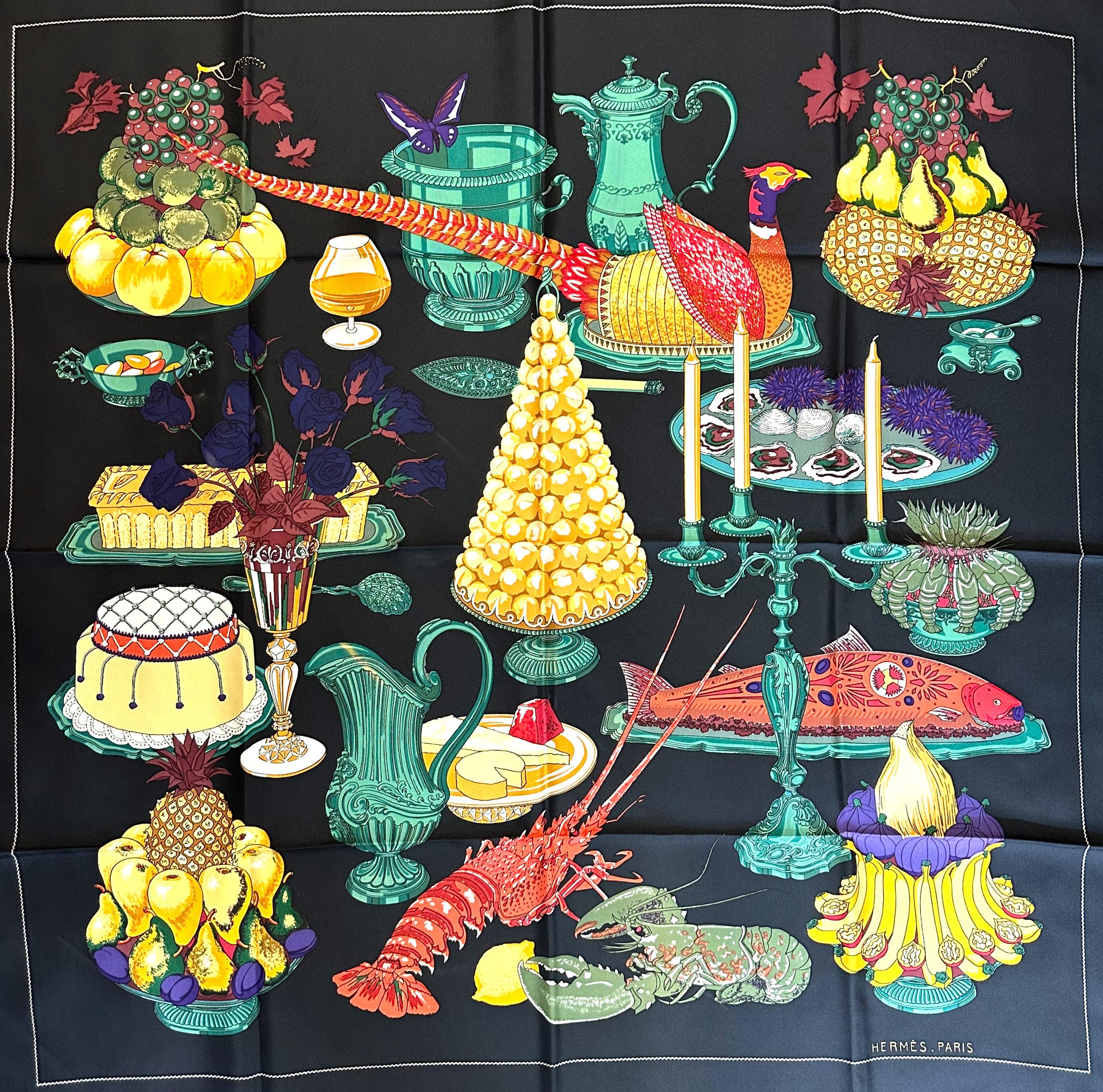 
Hermes Silk Scarf, Pheasant, Lobster Supper
Multicolor on black.
35 by 35 in.
Condition Report
Good condition.