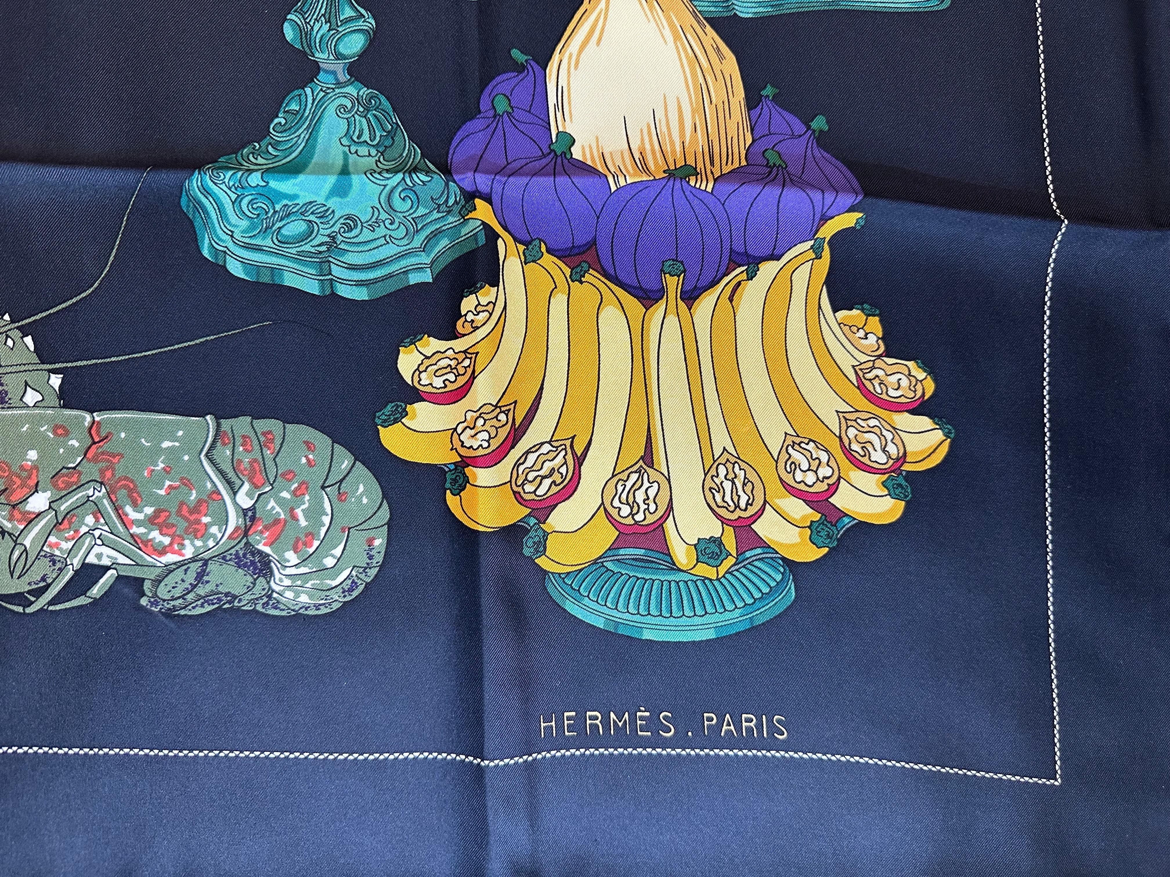 Black Hermes Silk Scarf, Pheasant, Lobster Supper For Sale