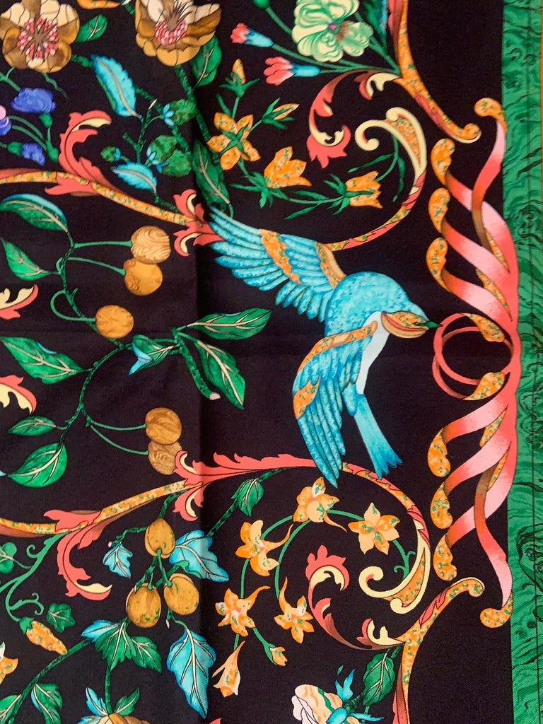 Vintage Hermes Pierres D'Orient Et D'Occident Floral Bird Scarf
