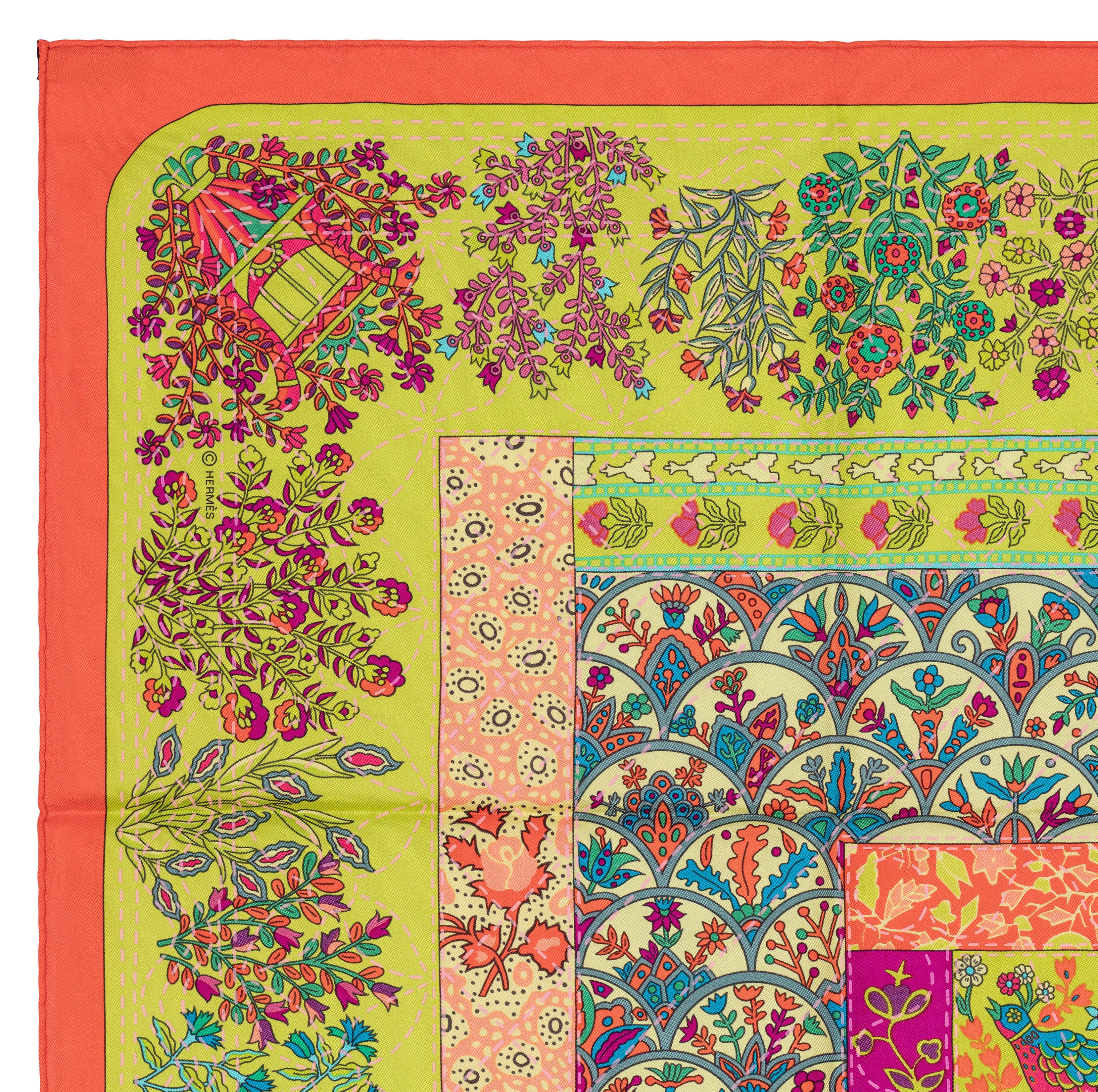 Pañuelo de seda Hermes - Pique Fleuri de Provence - Naranja Verde neón Violeta - ¡¡¡Nuevo!!! en venta 5