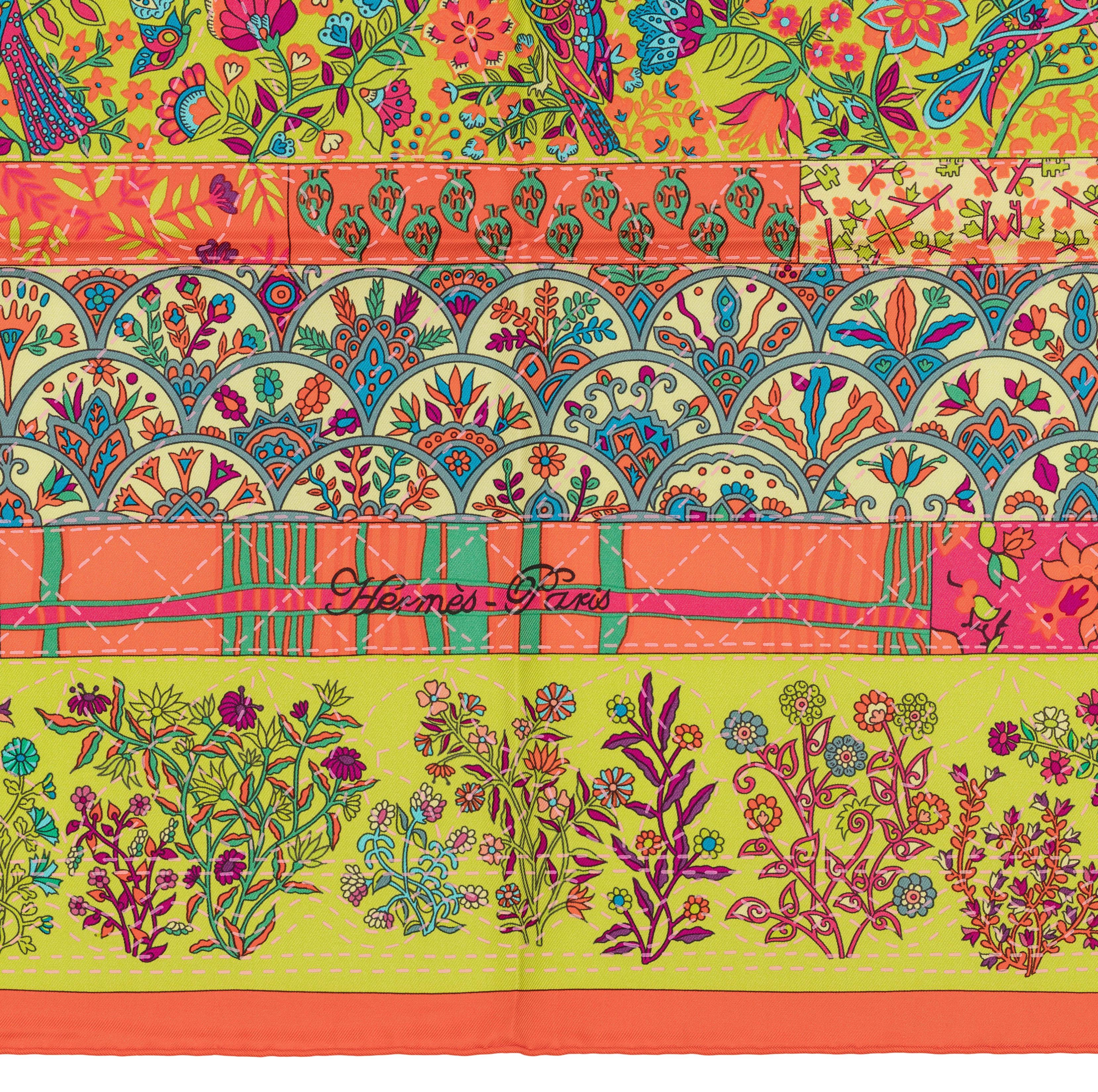 Pañuelo de seda Hermes - Pique Fleuri de Provence - Naranja Verde neón Violeta - ¡¡¡Nuevo!!! Marrón en venta