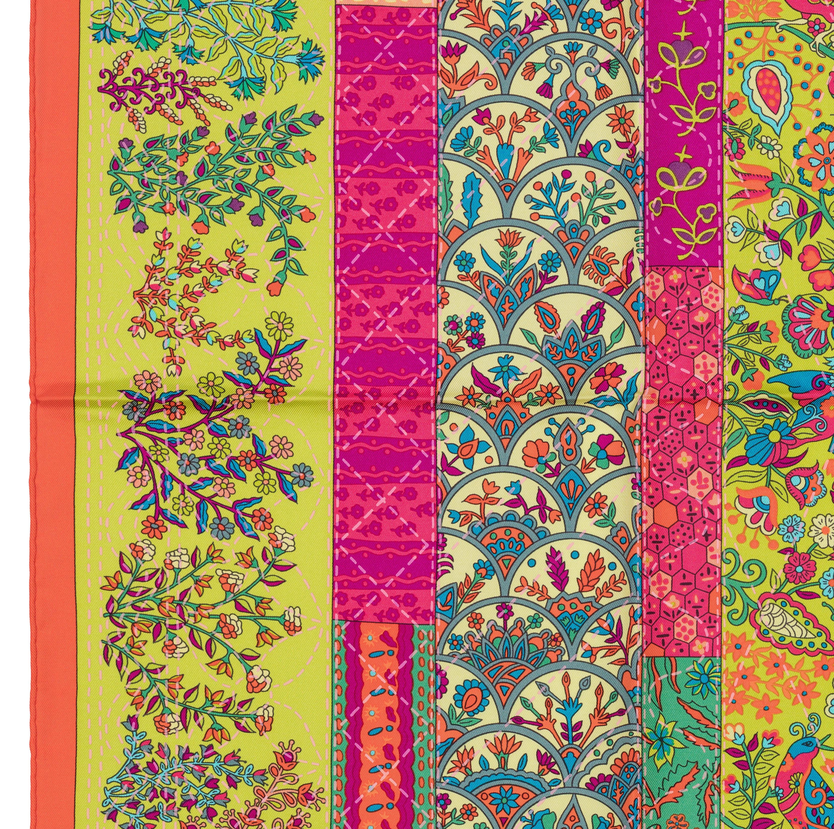 Pañuelo de seda Hermes - Pique Fleuri de Provence - Naranja Verde neón Violeta - ¡¡¡Nuevo!!! en venta 2