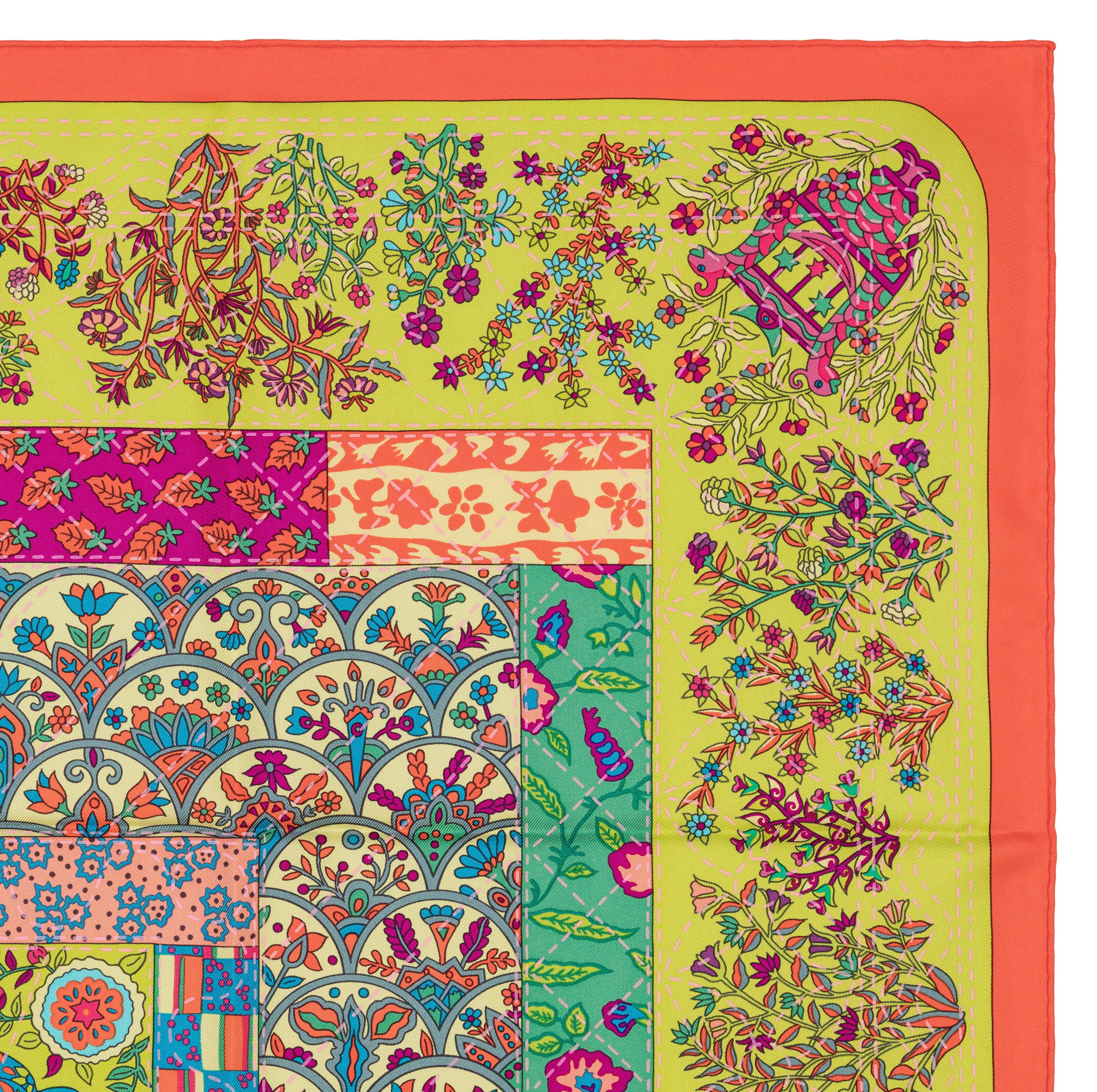 Pañuelo de seda Hermes - Pique Fleuri de Provence - Naranja Verde neón Violeta - ¡¡¡Nuevo!!! en venta 3