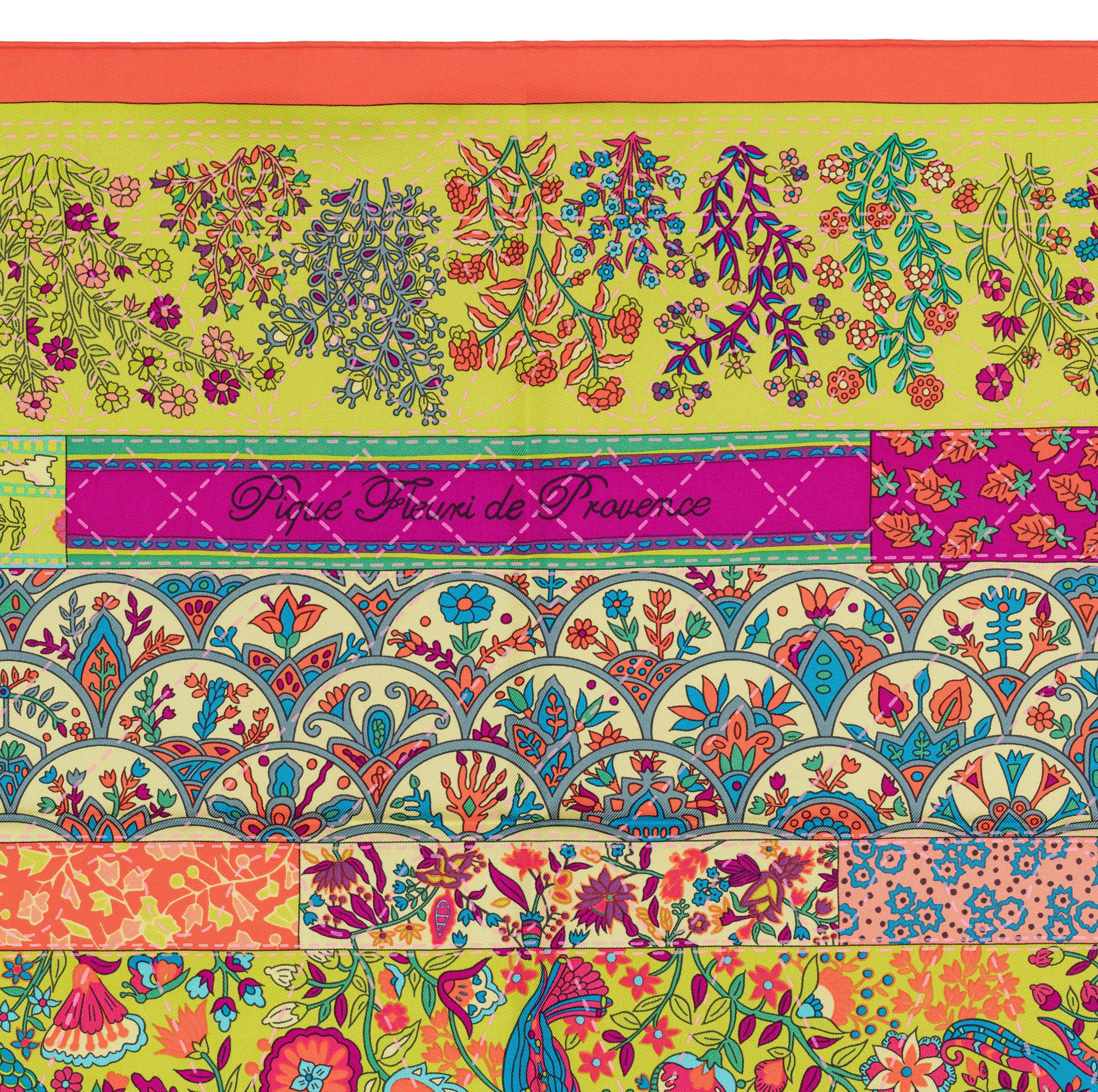 Pañuelo de seda Hermes - Pique Fleuri de Provence - Naranja Verde neón Violeta - ¡¡¡Nuevo!!! en venta 4