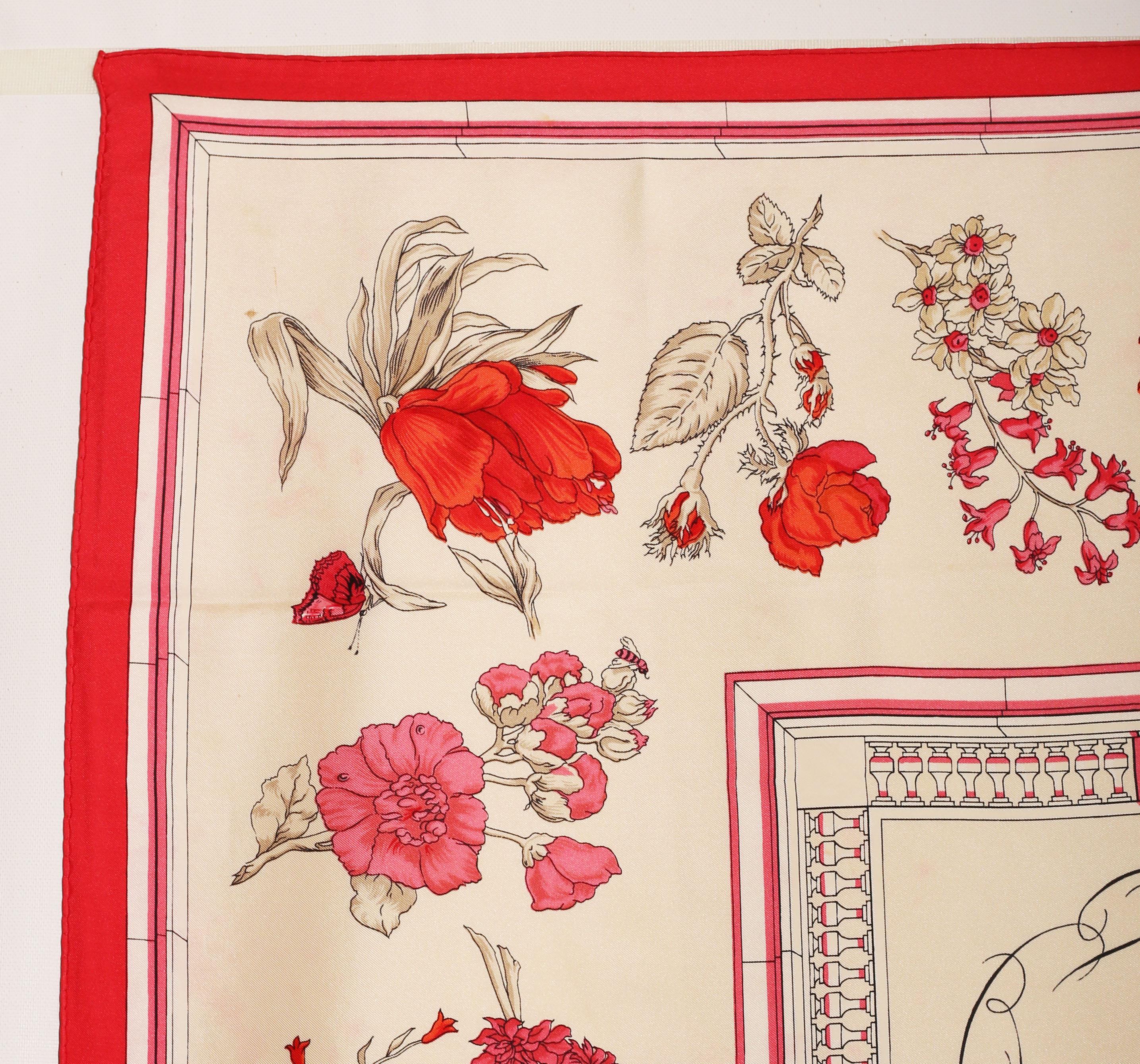 HERMES Scarf  Silk Scarf 100%  Paris, Made In France 
Quai eux Fleurs Hermès silk scarf Quai aux Fleurs was designed by Hugo Grygkar and first issued in 1952
The idea of ​​a carré, to print exclusive designs on a square piece of silk came about in