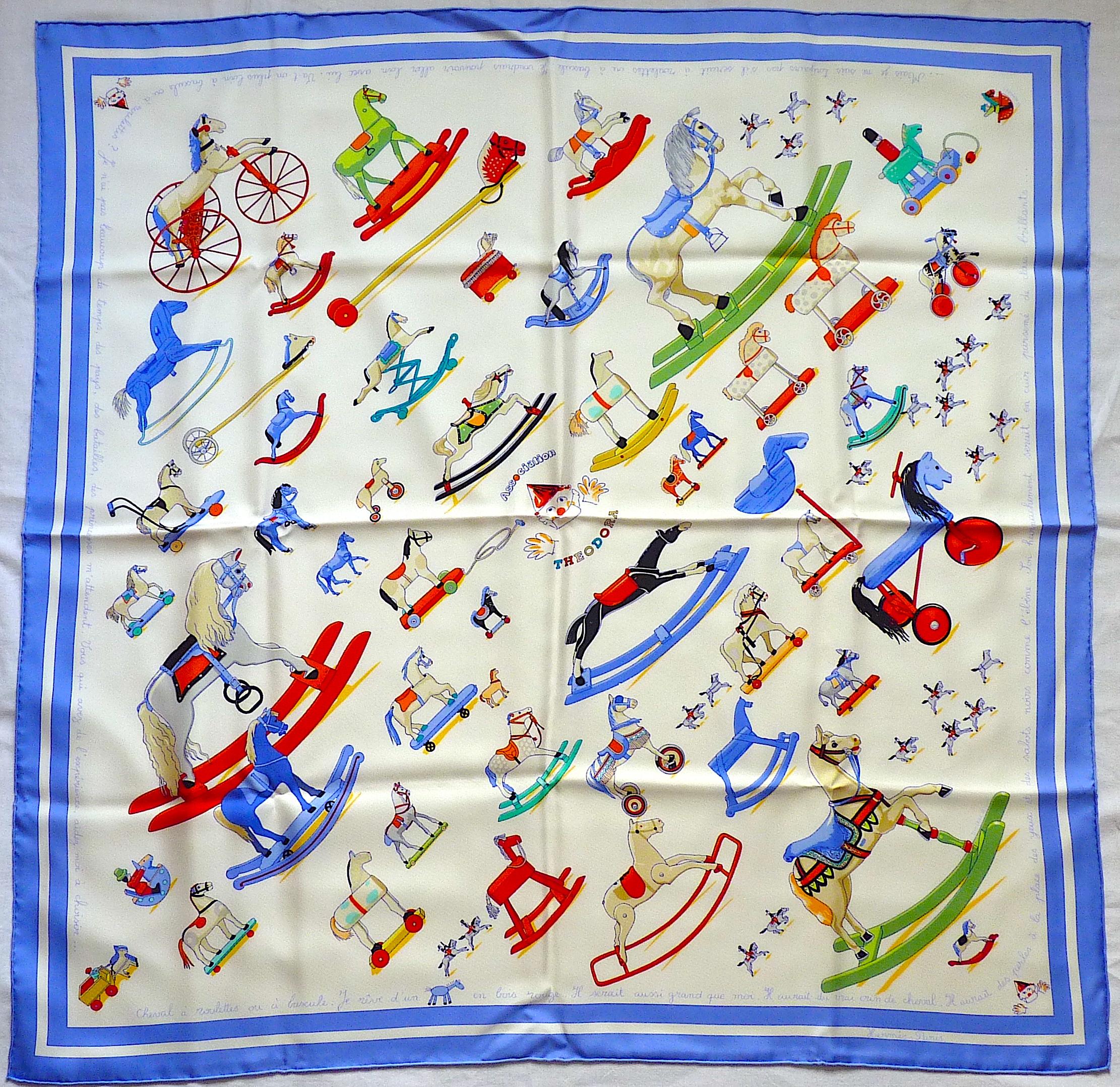 This is a very rare Hermes scarf Raconte Moi le Cheval, in a Special Edition released in 2002 for Theodora Association, Brand New in original Hermès Box with Papers.

Year 1999, published in support of the Theodora Foundation.
The Theodora