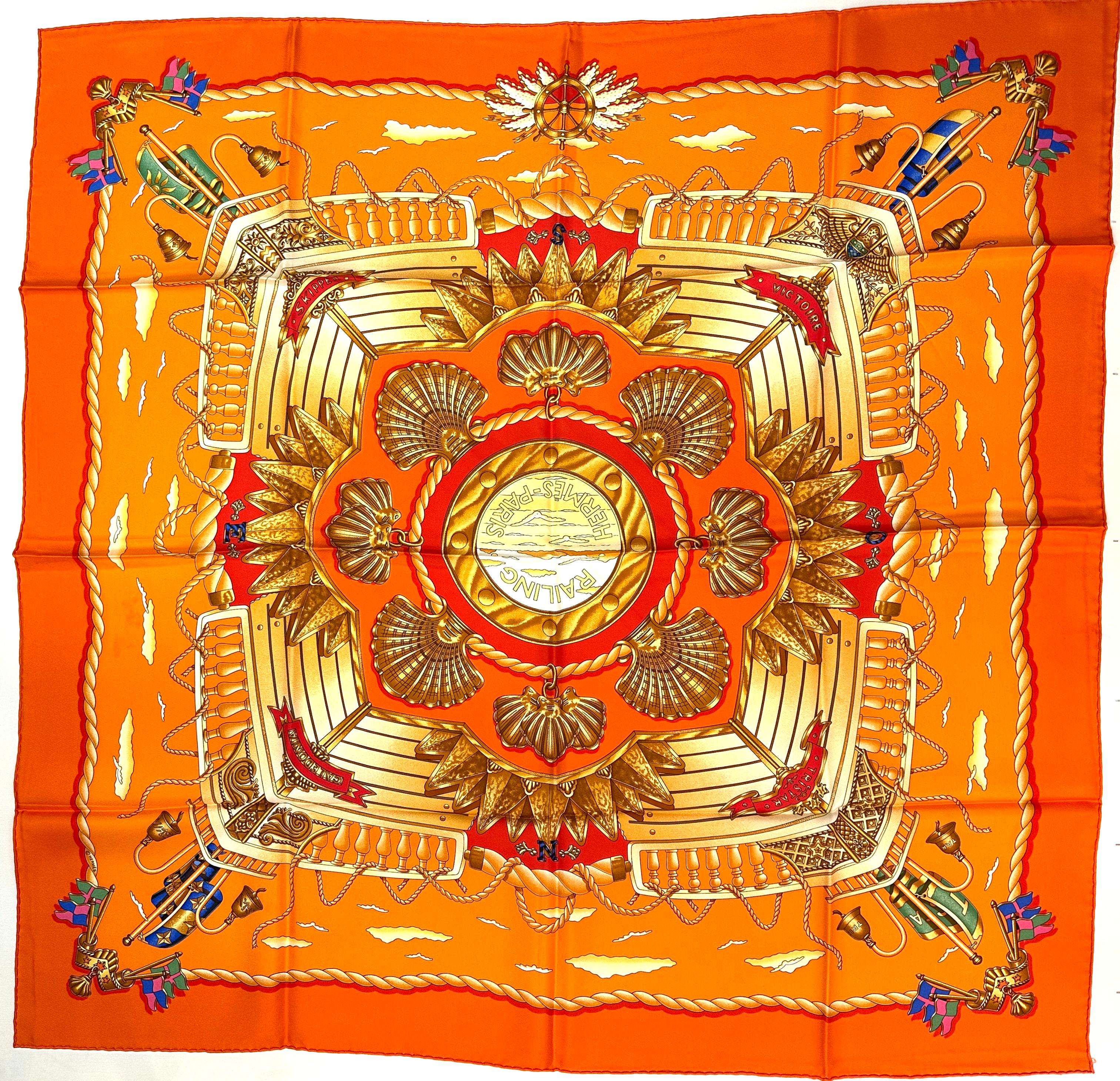 Orange Hermes Silk Scarf, Railing. For Sale