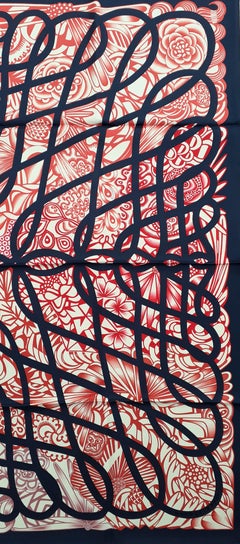Hermès Silk Scarf Reverie Solitaire Florence Manlik Red Pink Navy 90 cm