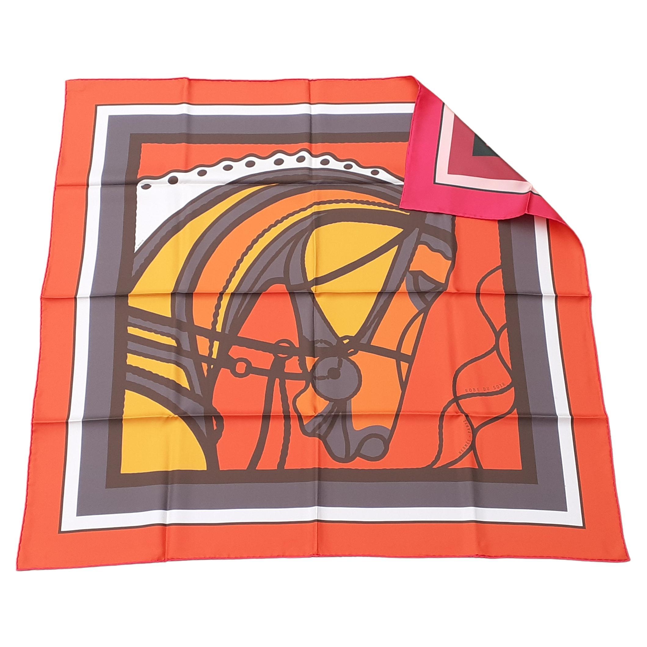 Hermès Silk Scarf Robe Du Soir POP Double Face Orange Pink 90 cm For Sale