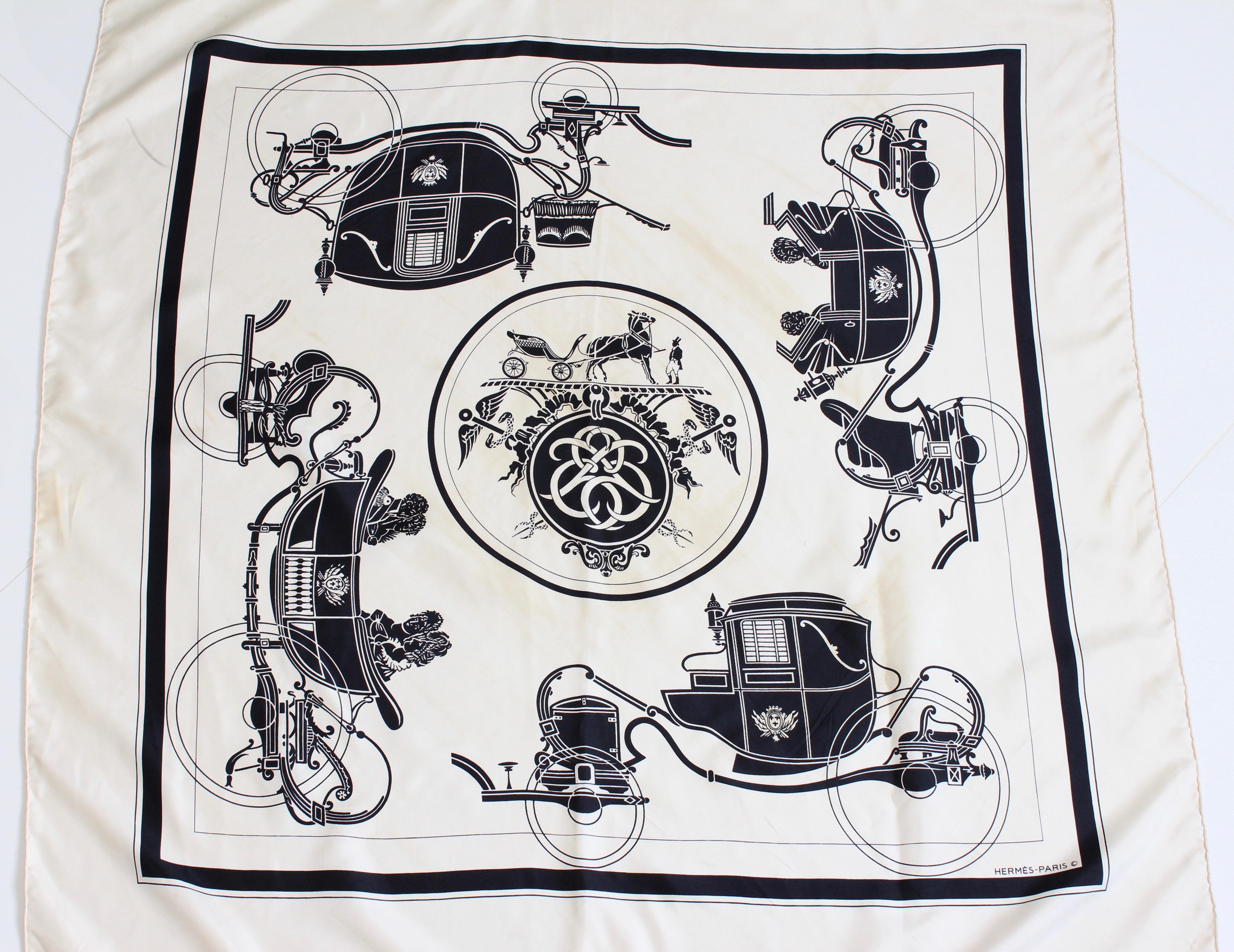 This cream and black silk twill scarf was designed by Hugo Grygkar, the artist responsible for the first carre or scarf design for Hermes.  This iconic design was created in 1946 and is the inspiration for what we now know as the house's logo.  This