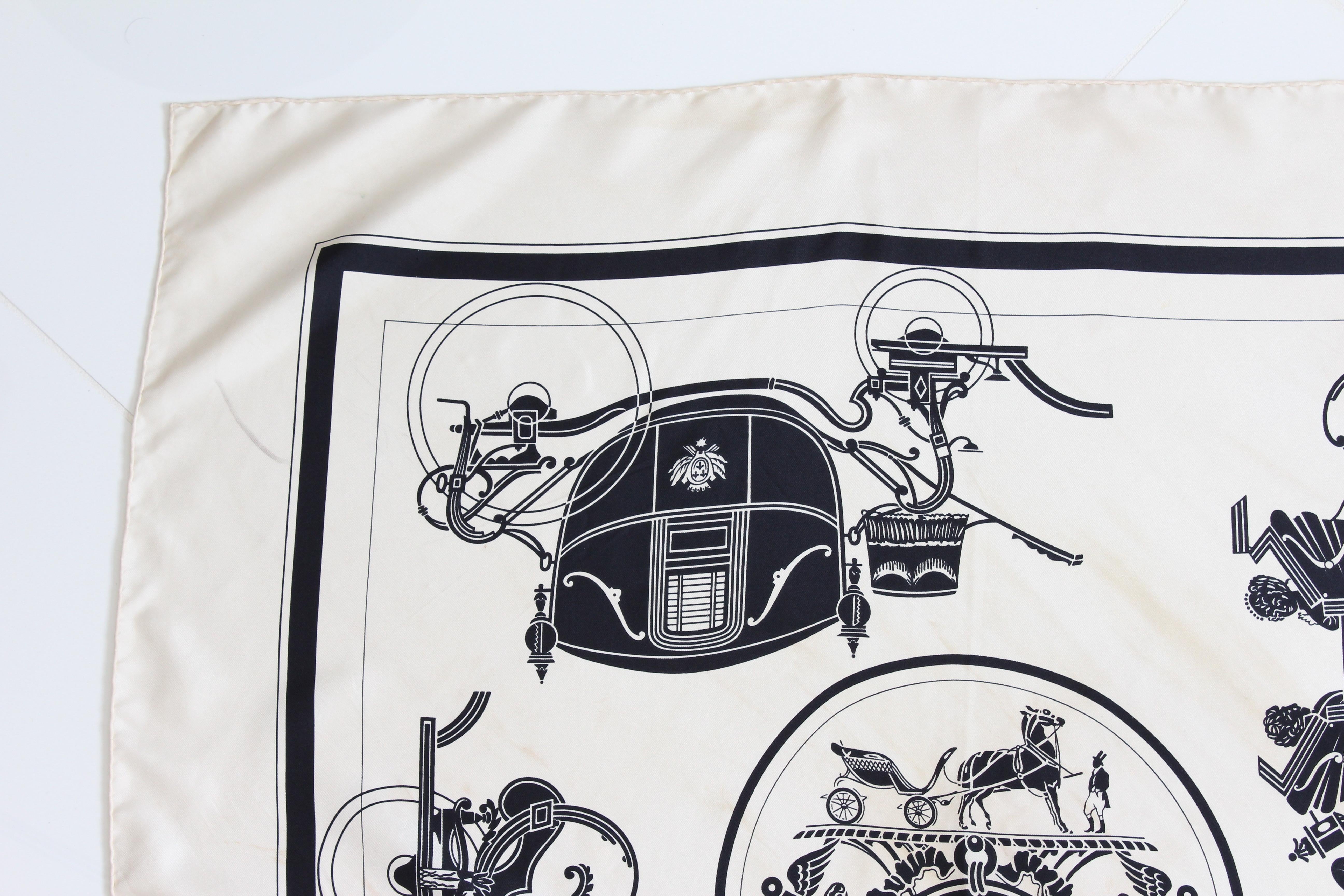 Gray Hermes Silk Scarf Shawl Ex Libris Horse Carriages by Hugo Grygkar Vintage 