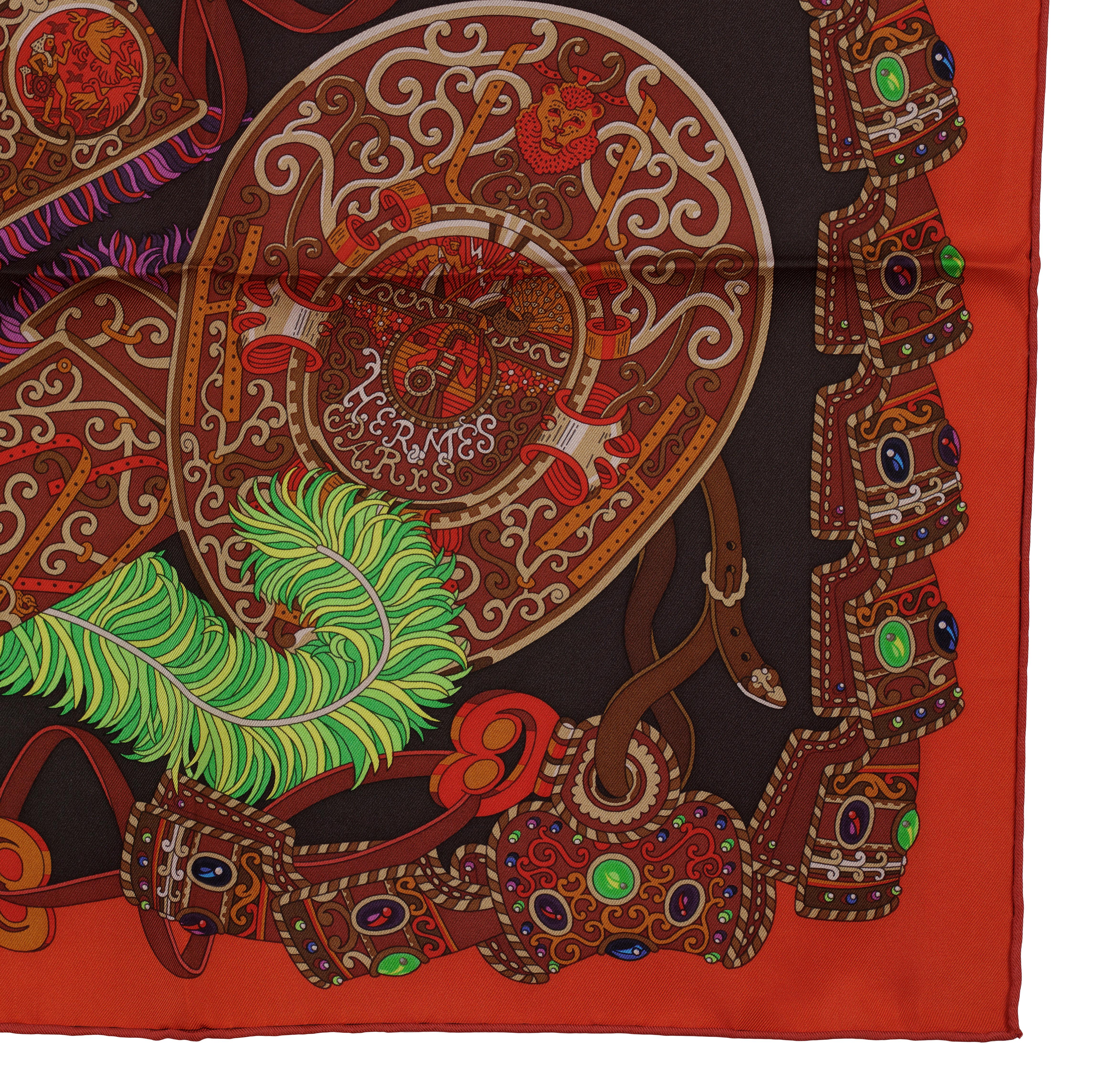 Sciarpa di seta Hermes - Sous L Egide de Mars - Red Dark Taupe Green - Mint in vendita 5