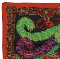 Hermes Silk Scarf - Sous L Egide de Mars - Red Dark Taupe Green - Mint