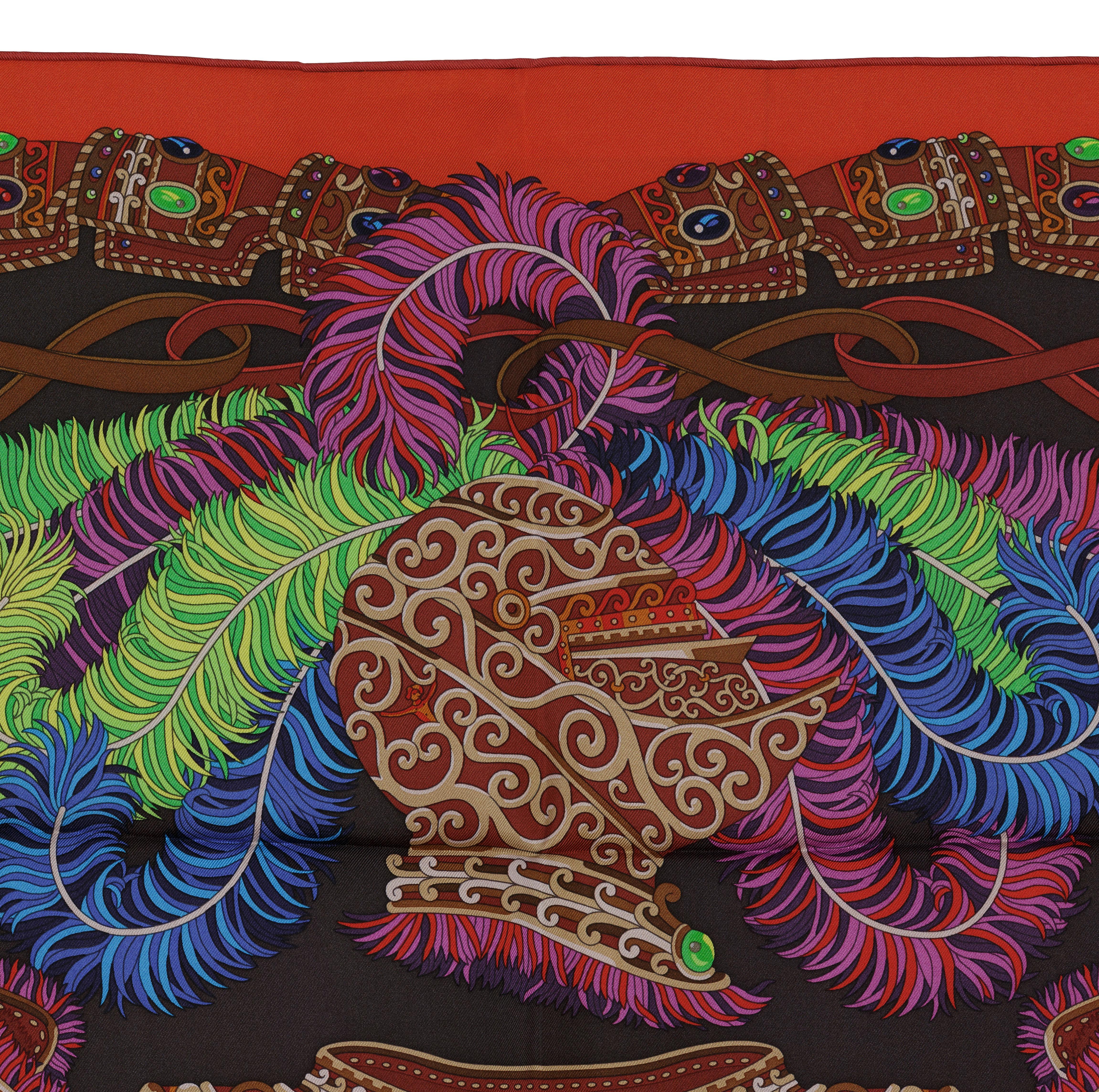 Marrone Sciarpa di seta Hermes - Sous L Egide de Mars - Red Dark Taupe Green - Mint in vendita