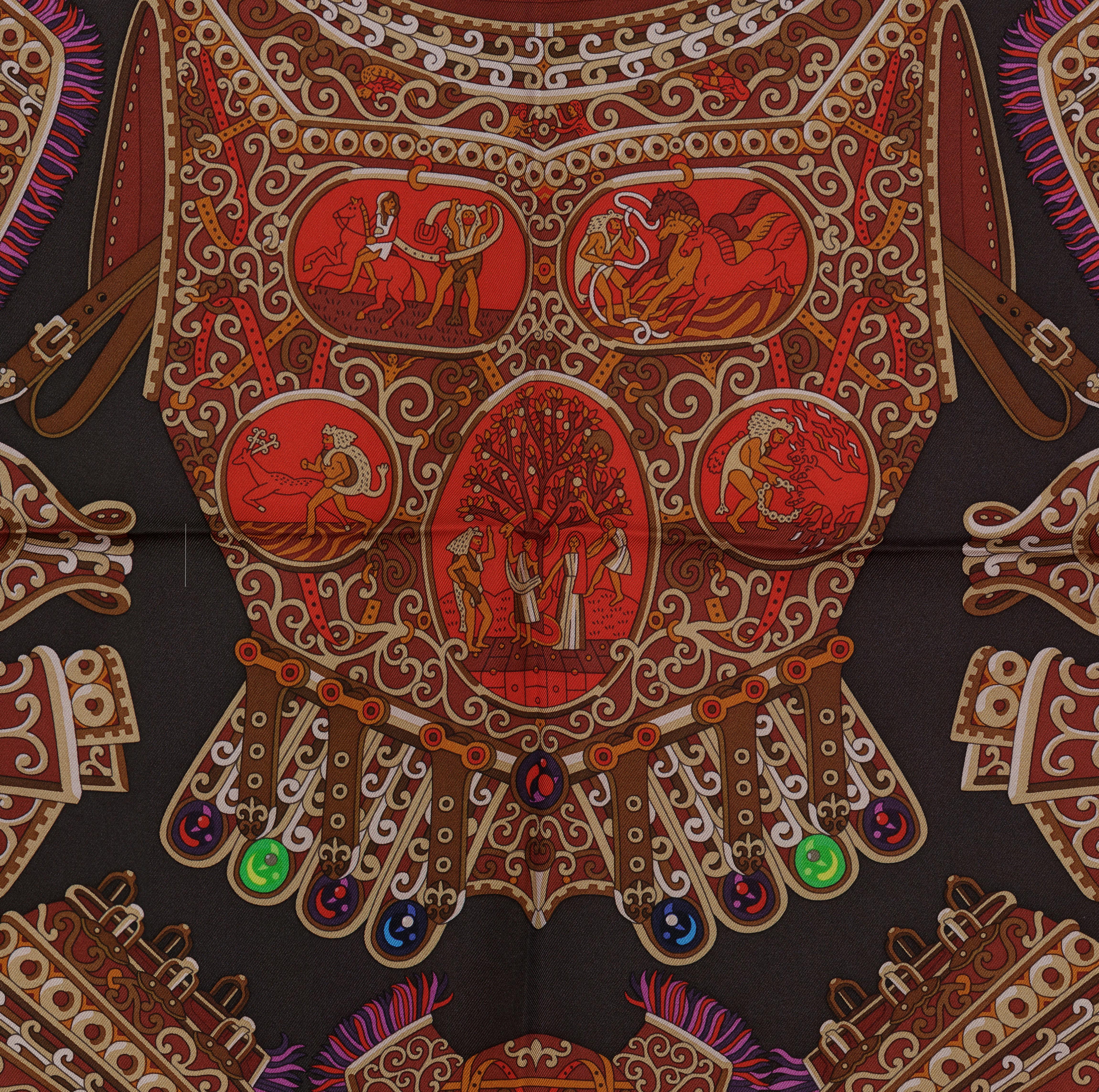 Sciarpa di seta Hermes - Sous L Egide de Mars - Red Dark Taupe Green - Mint in vendita 1