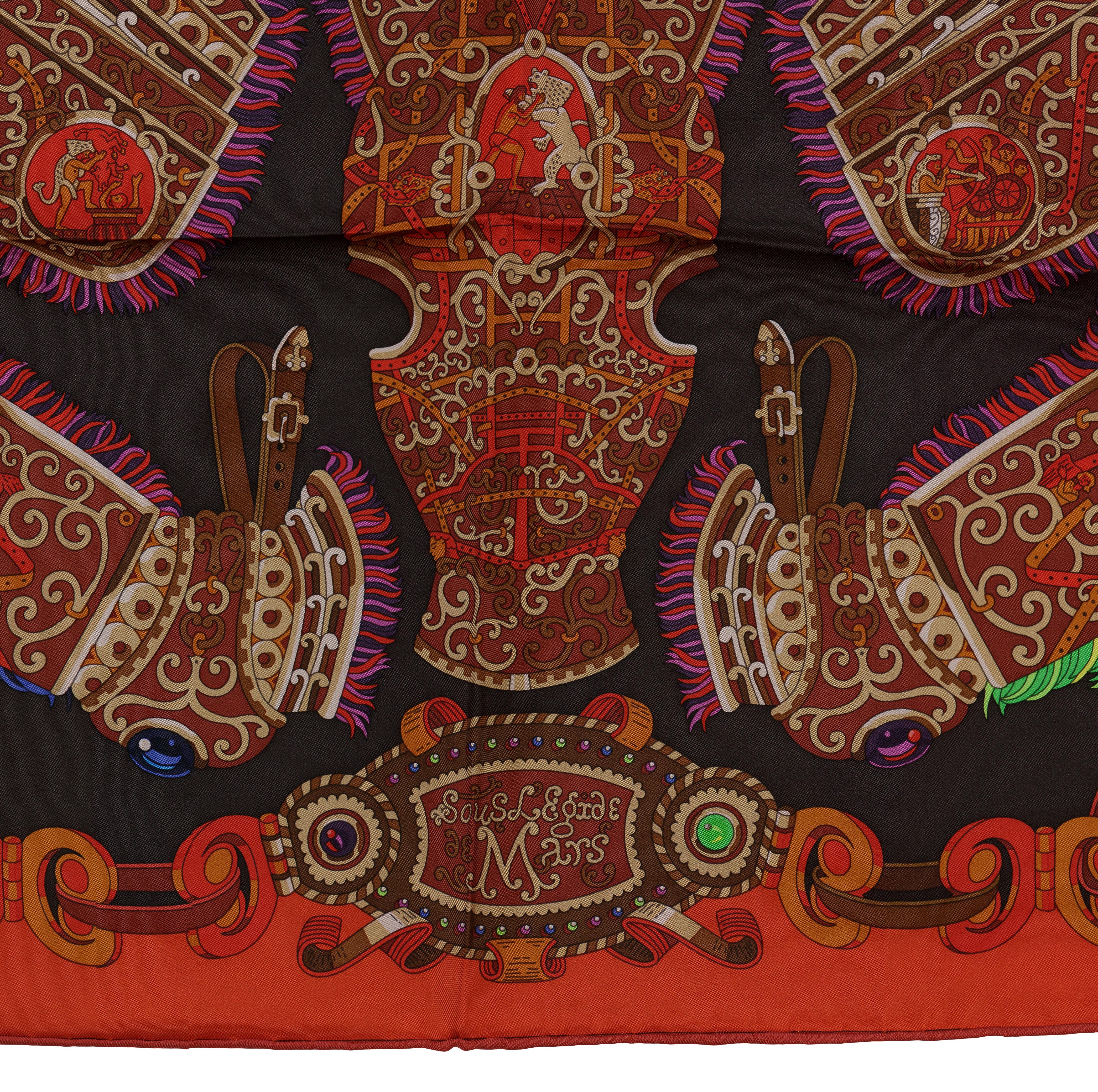 Sciarpa di seta Hermes - Sous L Egide de Mars - Red Dark Taupe Green - Mint in vendita 4